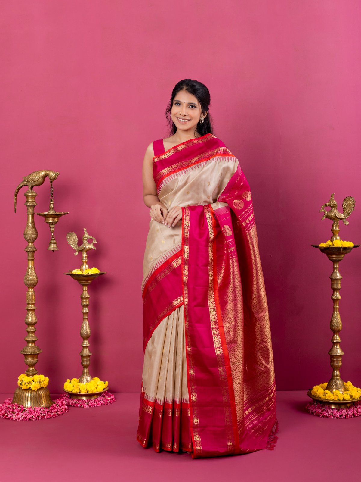 Beige Gadwal Silk Saree with Contrast Border