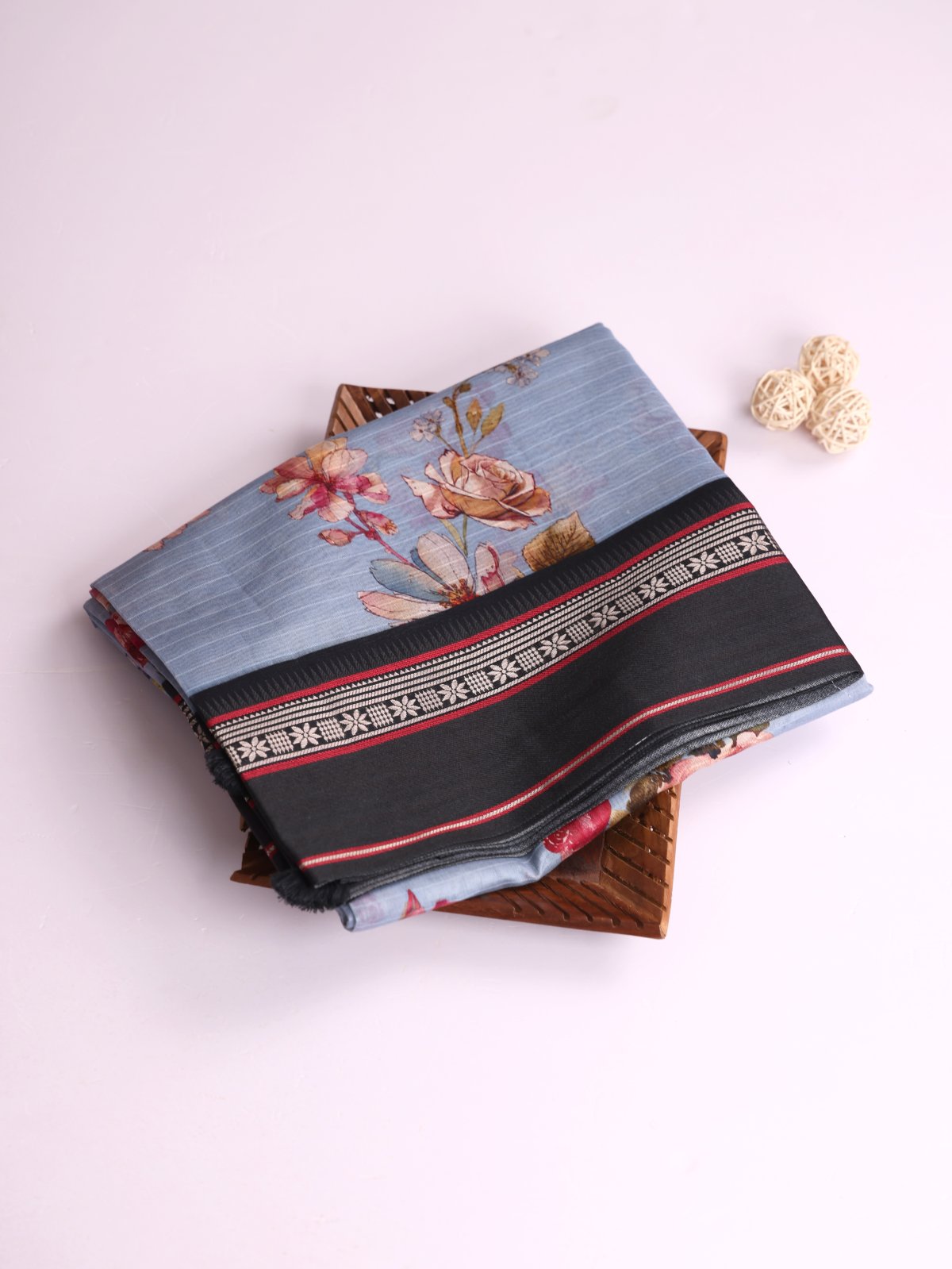 Light Blue Printed Chanderi Cotton Saree With Black Vidarbha Border