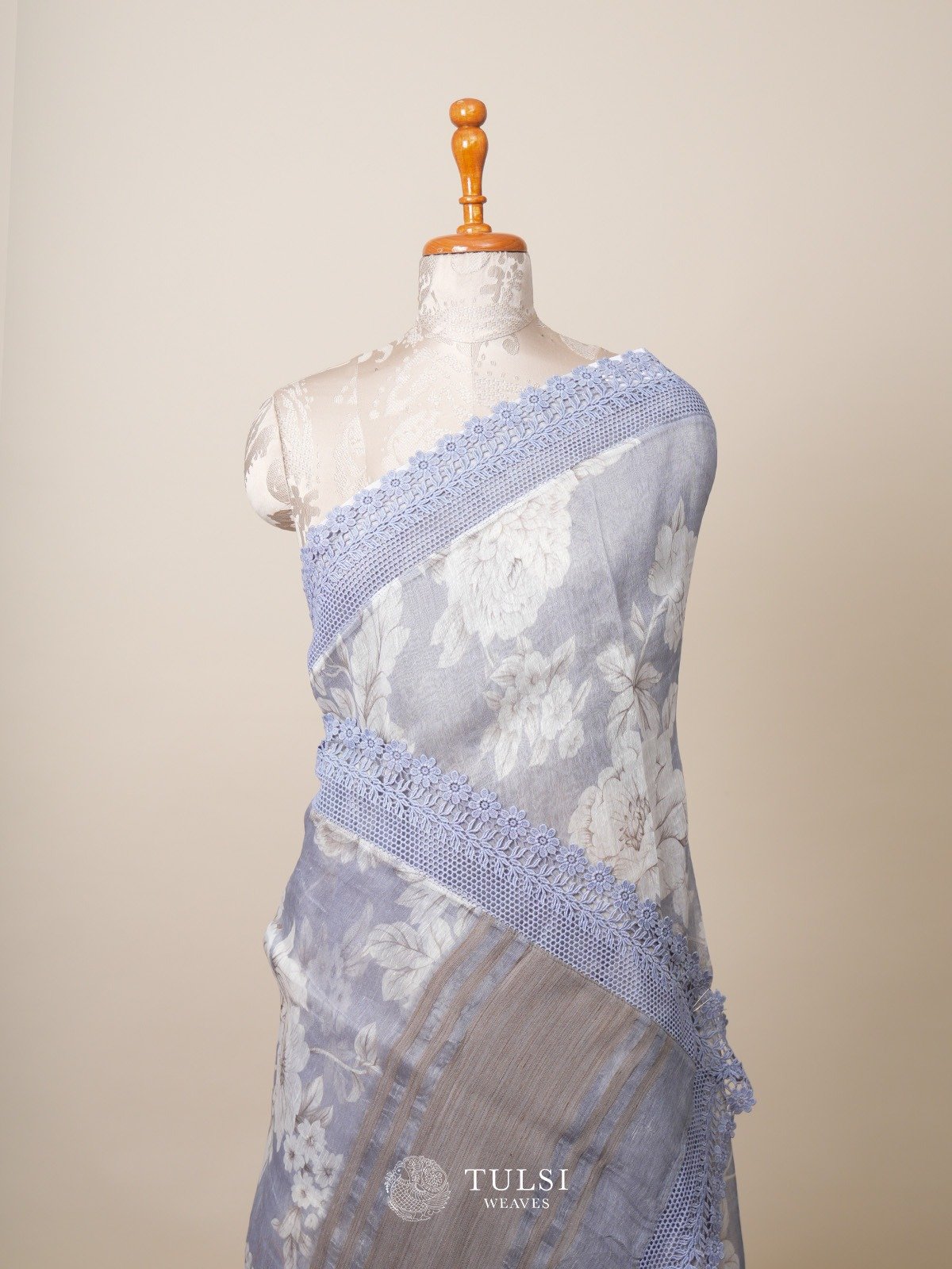 Greyish Blue Printed Linen Silk Saree with Lace Border
