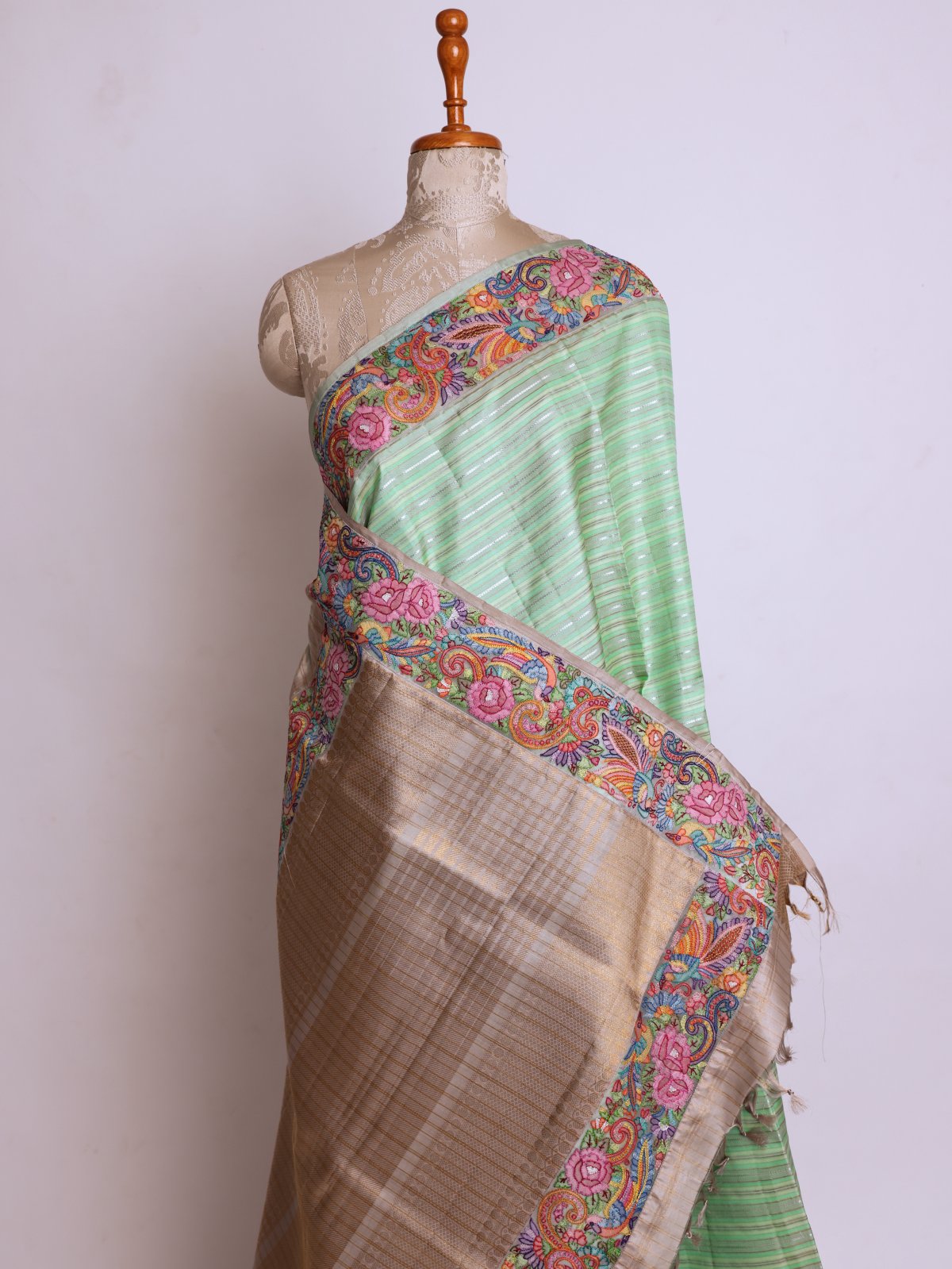 Multi Color Striped Kanjeevaram Silk Saree With Shadow Embroidered Border