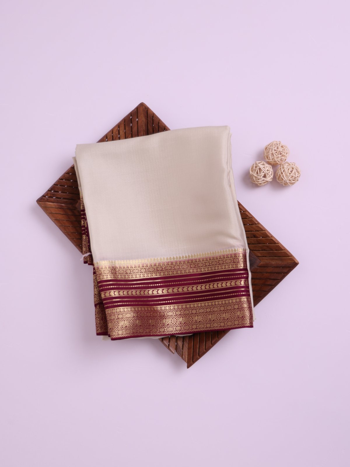 Off- White Mysore Silk Saree with Burgundy Zari Border