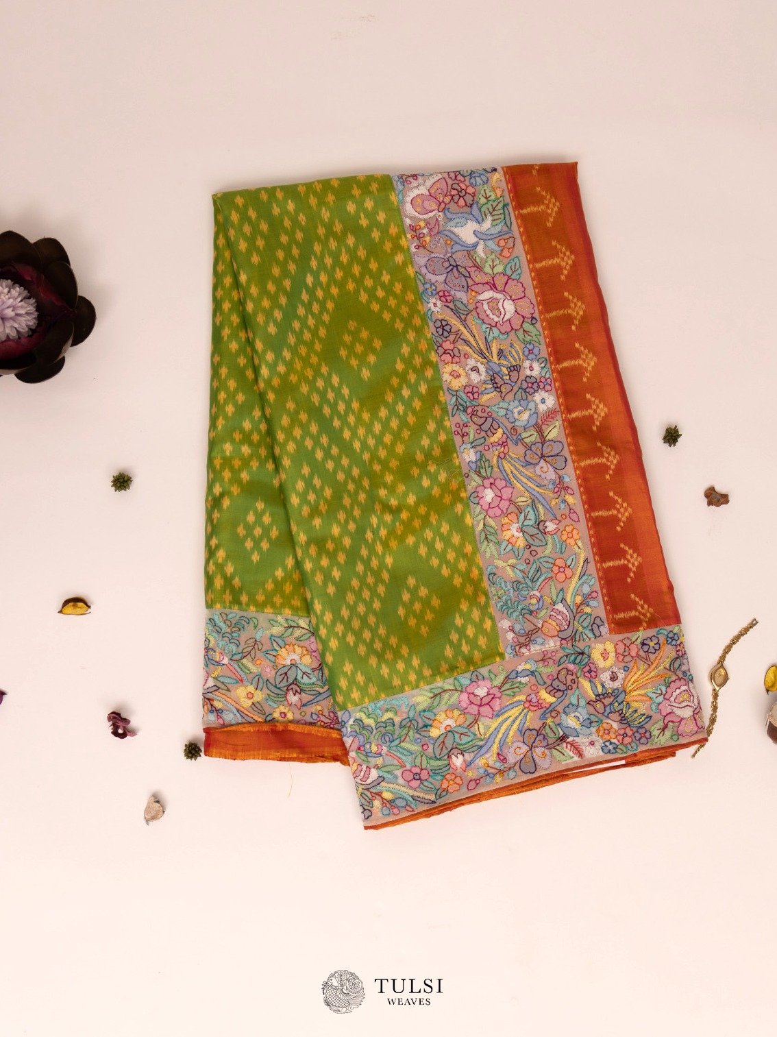 Parrot Green Ikat Silk Saree With Hand Embroided Border