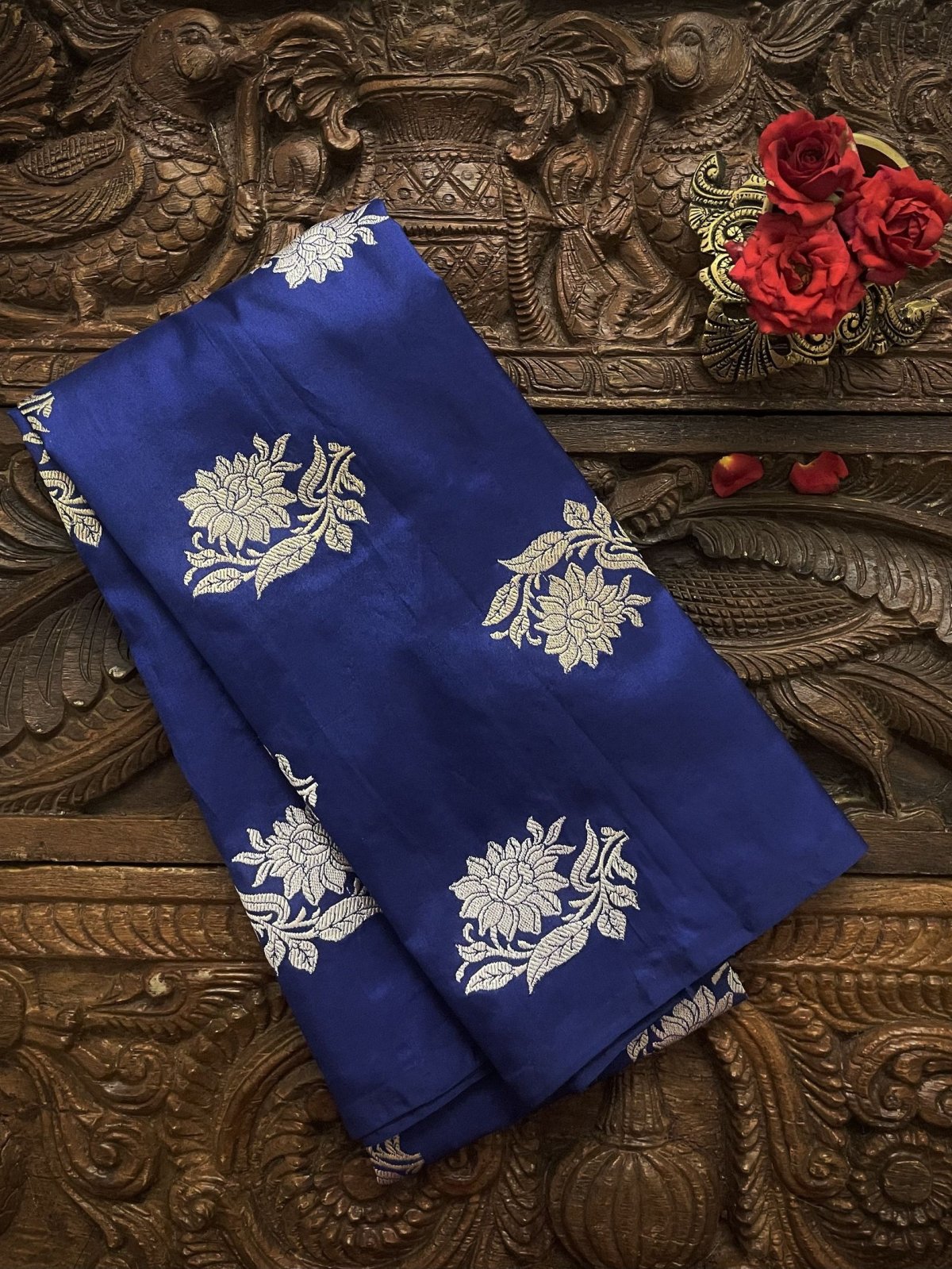Royal Blue  Banaras Silk Blouse With Gold and Silver Zari Floral Butties