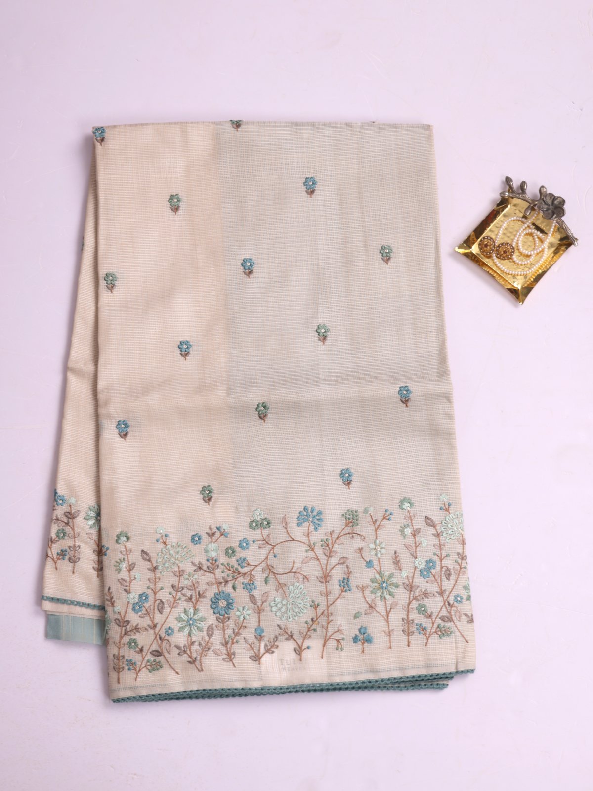 Off- White Semi Kota Saree with Embroidery