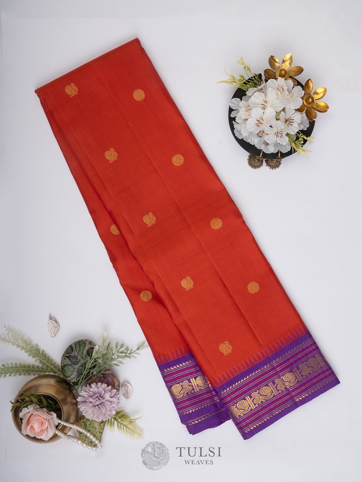 Rust Kanchipuram Silk Saree with Purple Korvai border