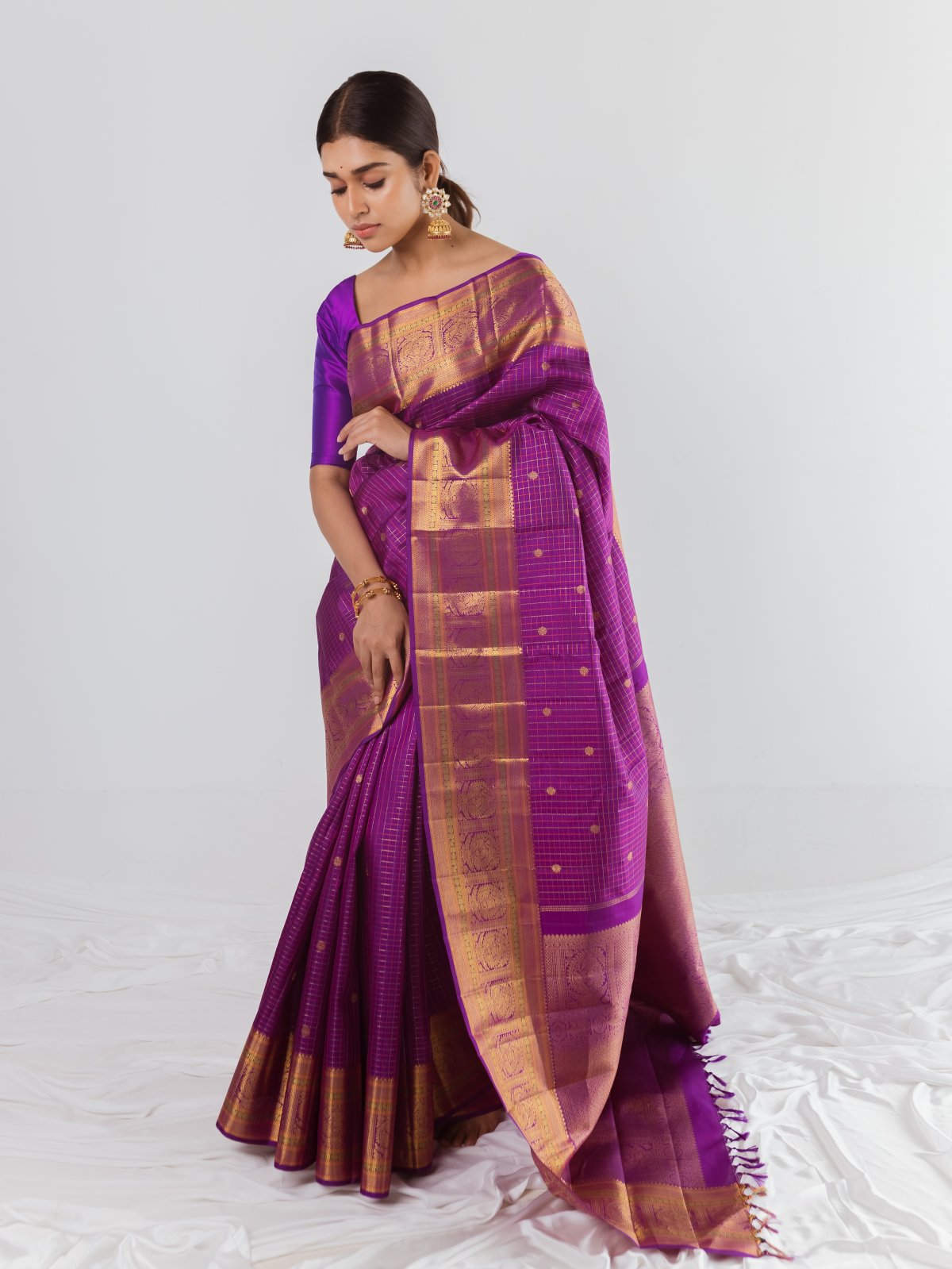 Purple Checked Handwoven Kanjivaram Silk Saree With Self-Border