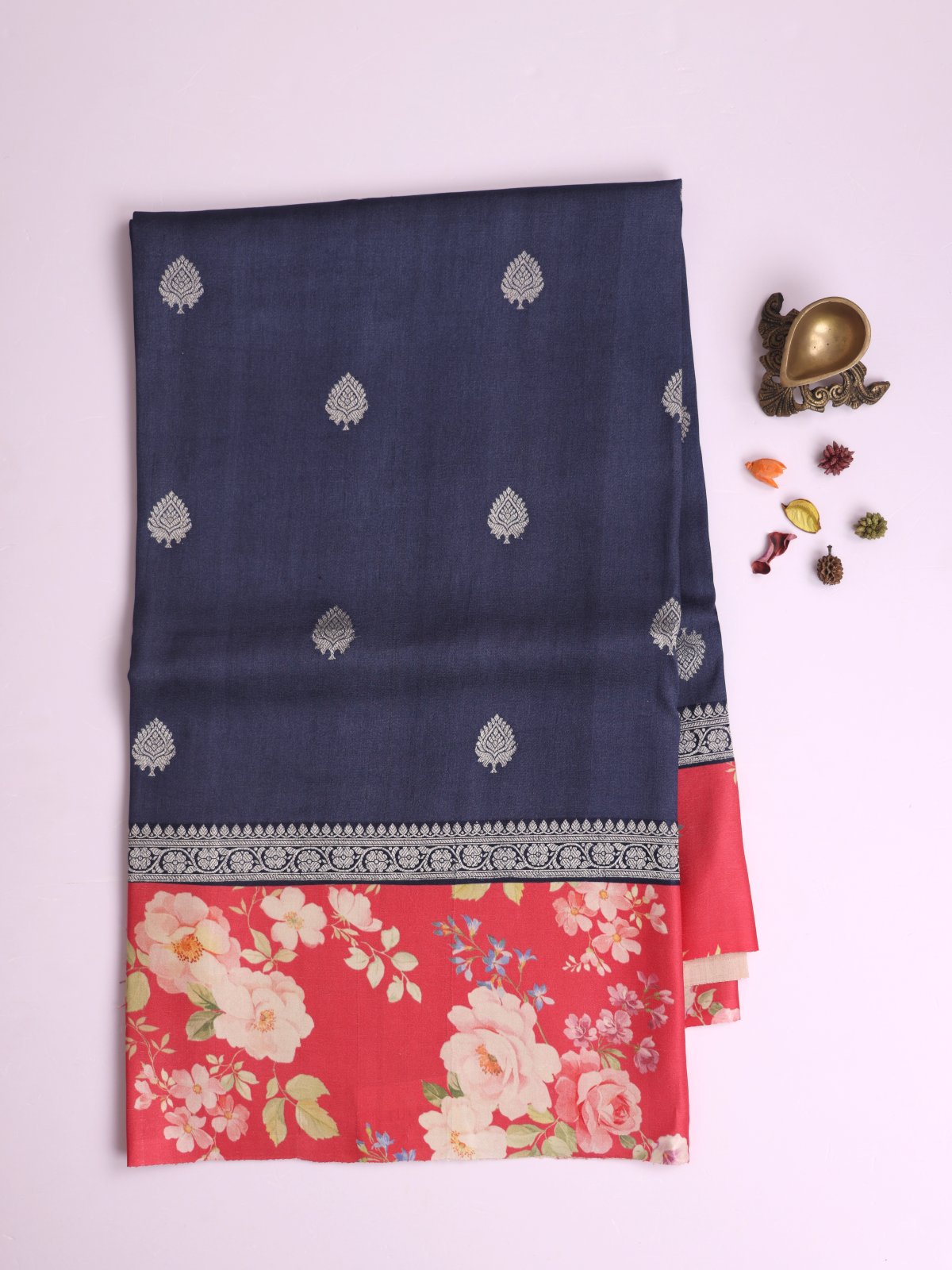 Greyish Blue Banaras Tussar Georgette Silk Saree with Printed Coral Red Satin Border