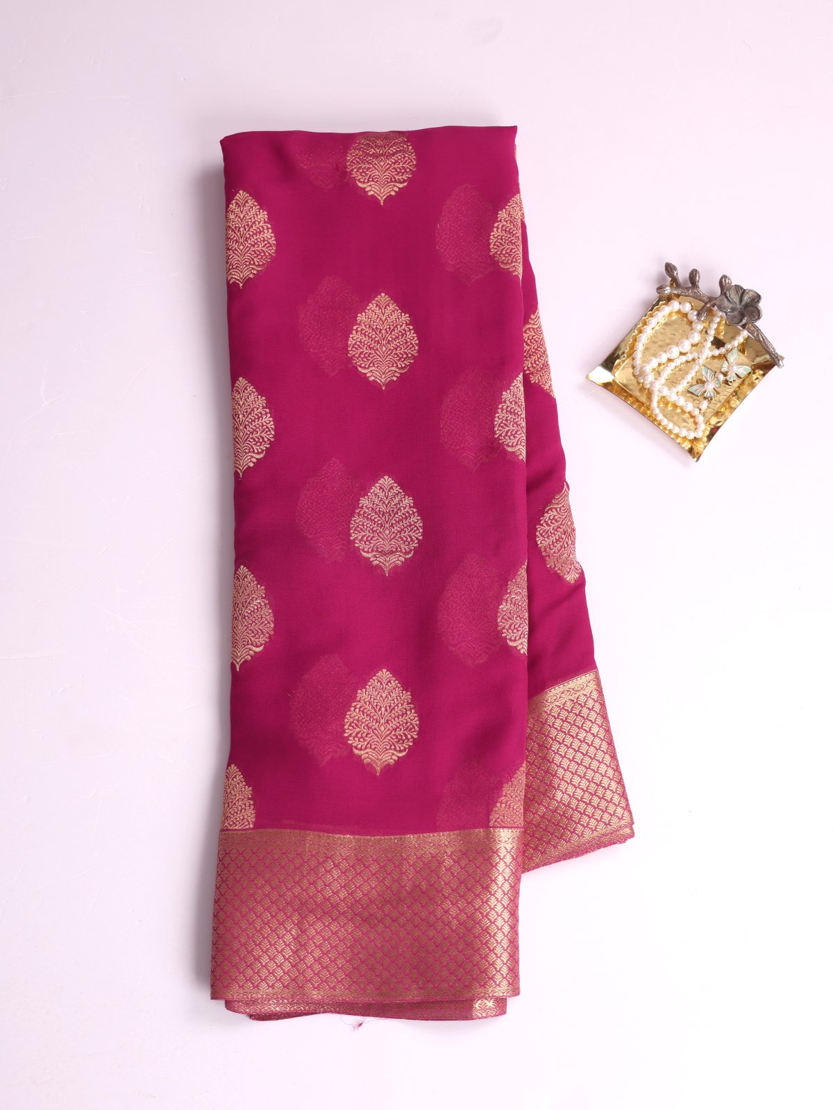 Dark Pink Mysore Crepe Silk Saree With Zari Border 
