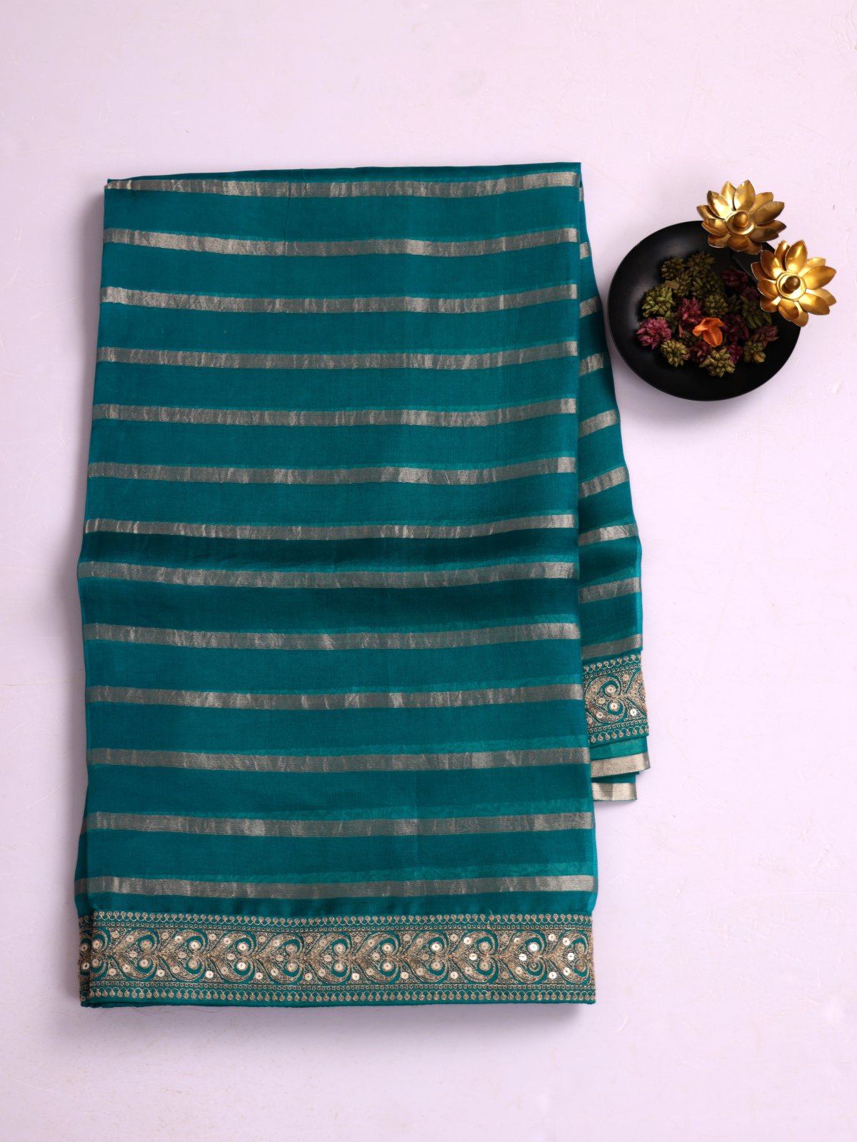 Teal Blue Zari Striped Organza Silk Saree With Embroidered Border