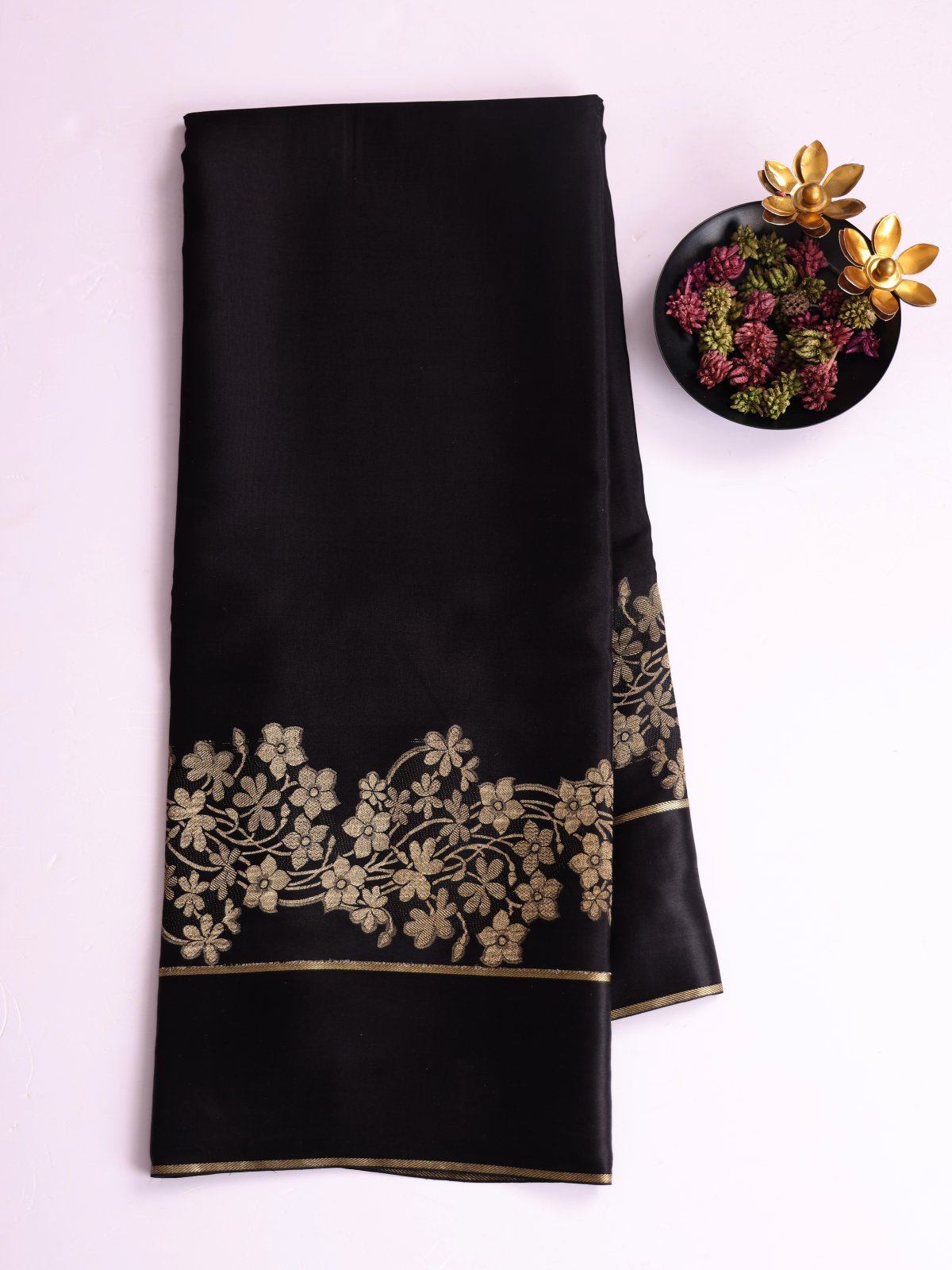 Black Mysore Silk Saree With Satin Border 