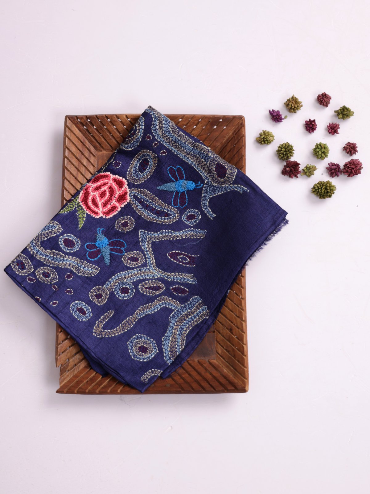 Dark Blue Embroidered Tussar Silk Blouse