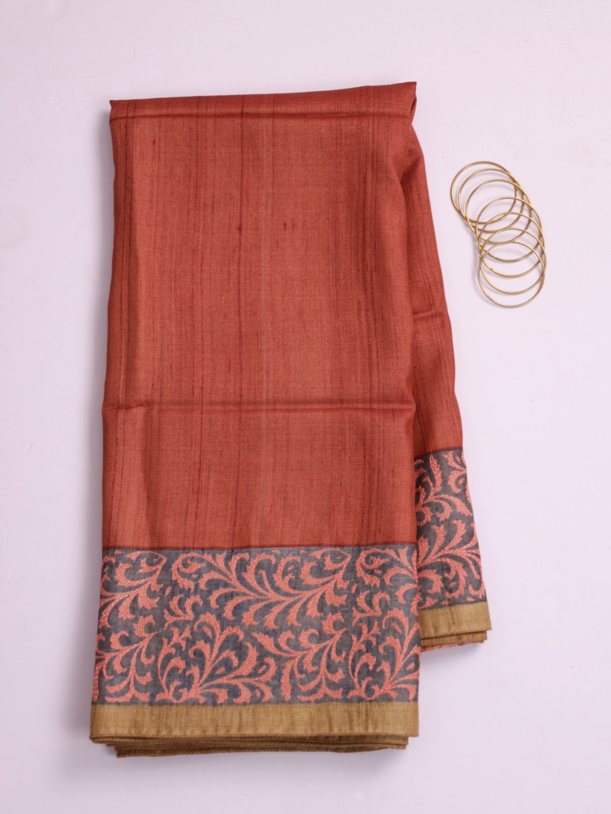 Rust Orange Printed Tussar Silk Saree With Kantha Embroidery