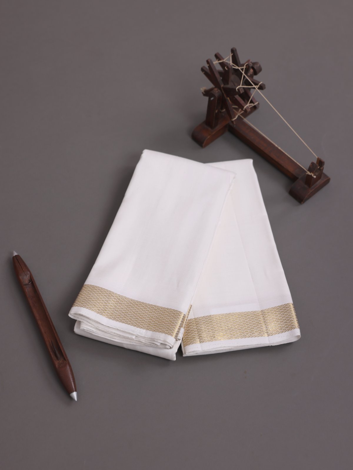 White Silk Dhoti And Vasthram With Zari Border