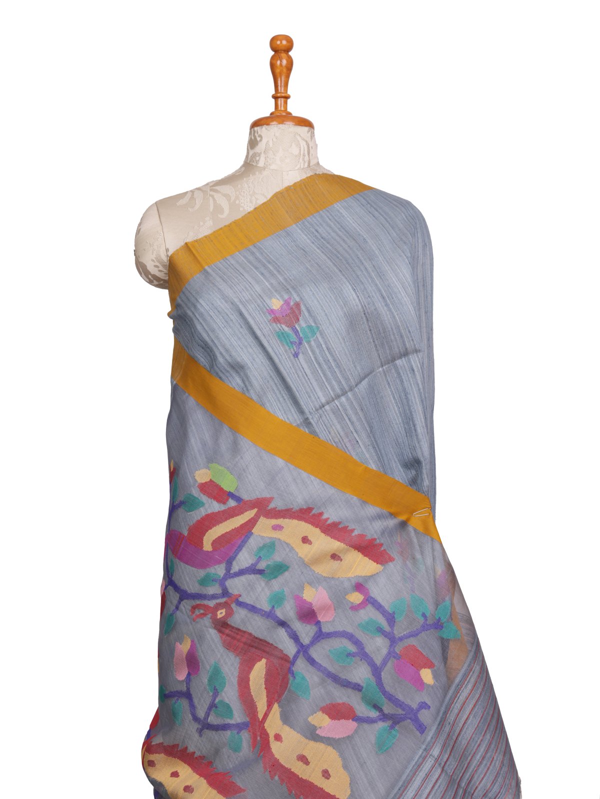 Grey Kora Tussar Silk Saree With Jamdani Pallu 
