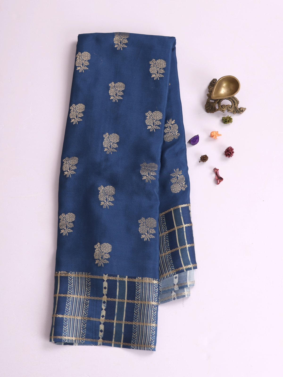 Blue Crepe Silk Saree With Printed Satin Border