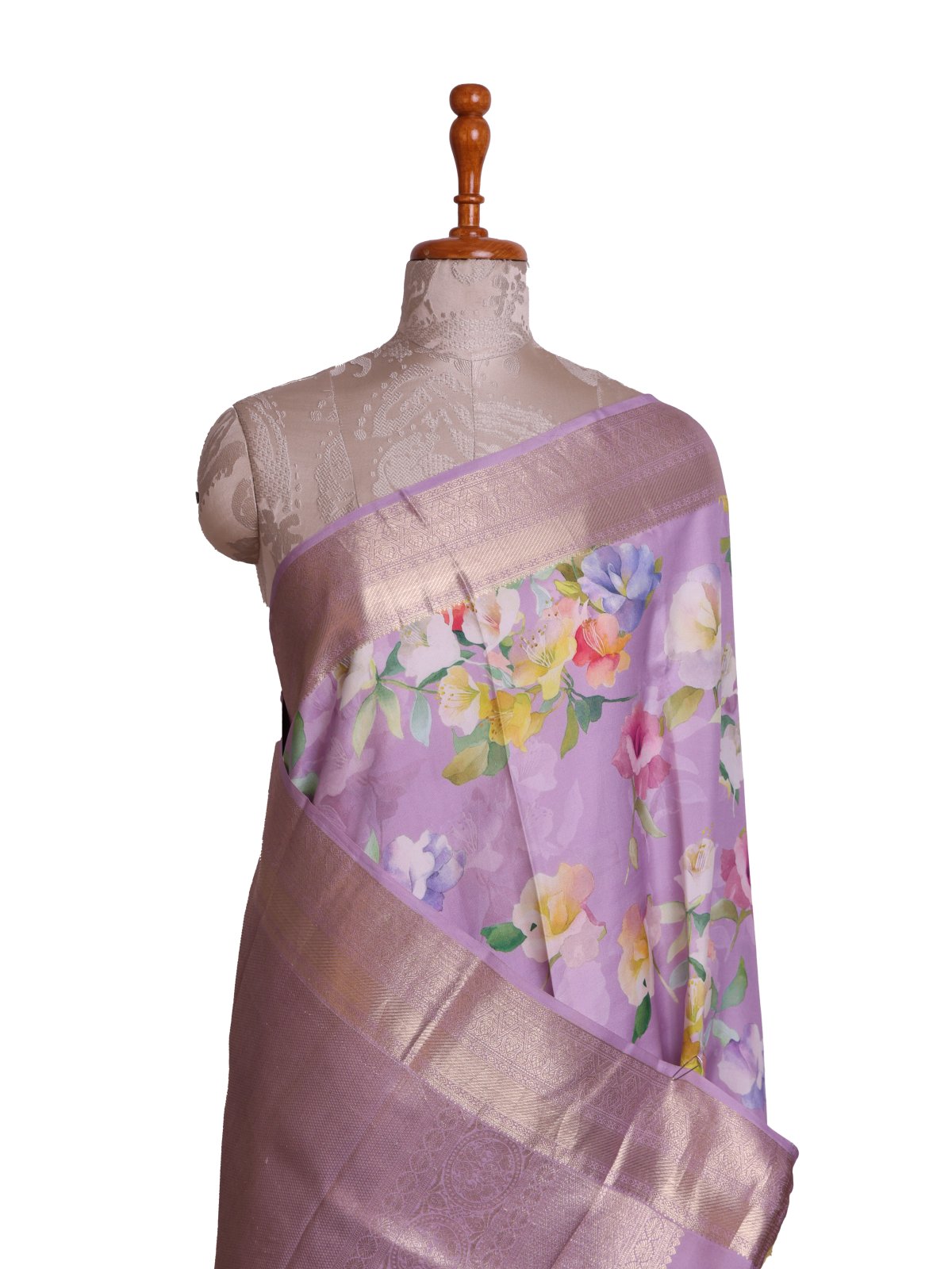 Lavander Printed Kanjeevaram Silk Saree With Self Zari Border