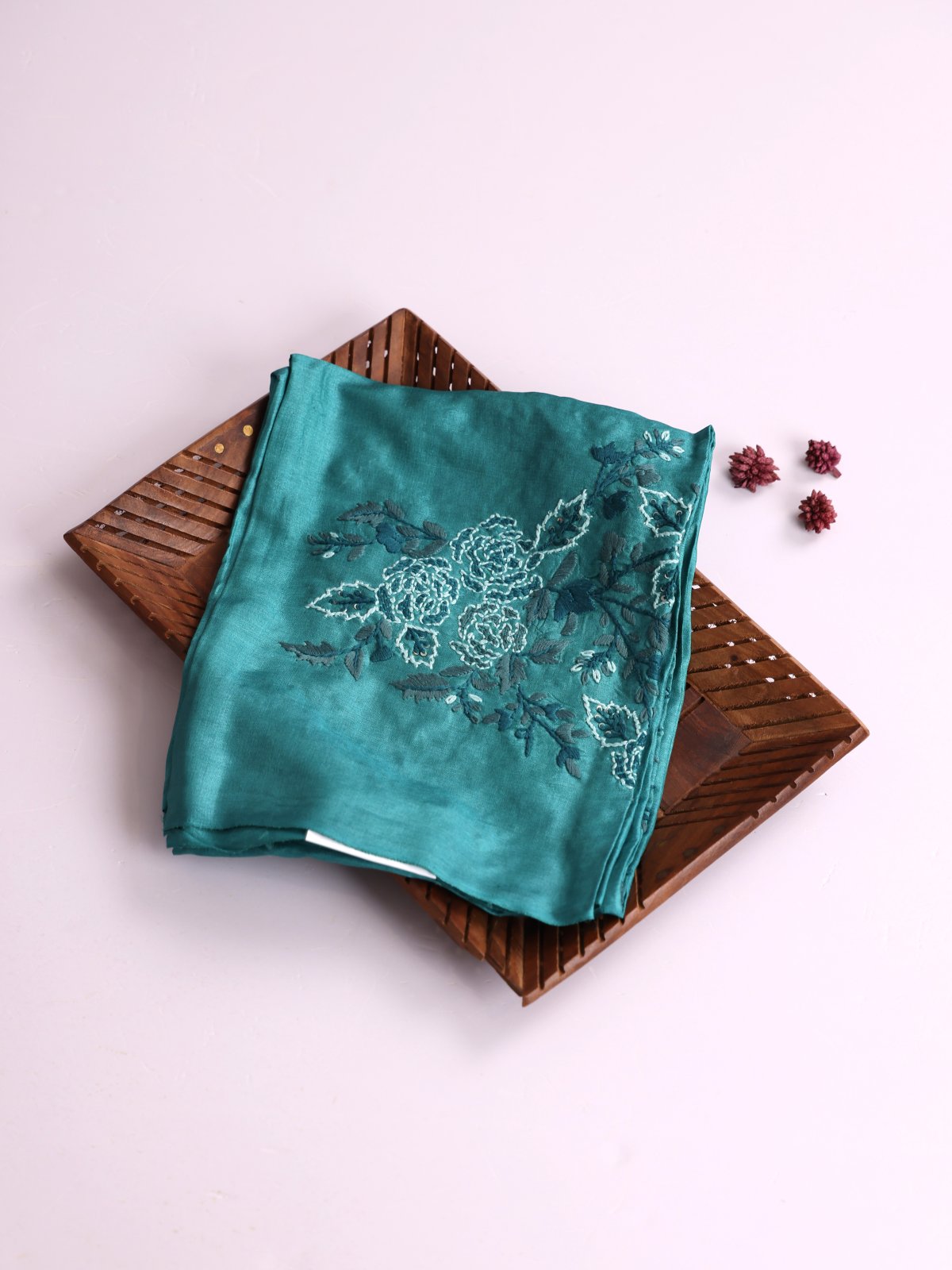 Teal Blue Embroidered Tussar Silk Blouse