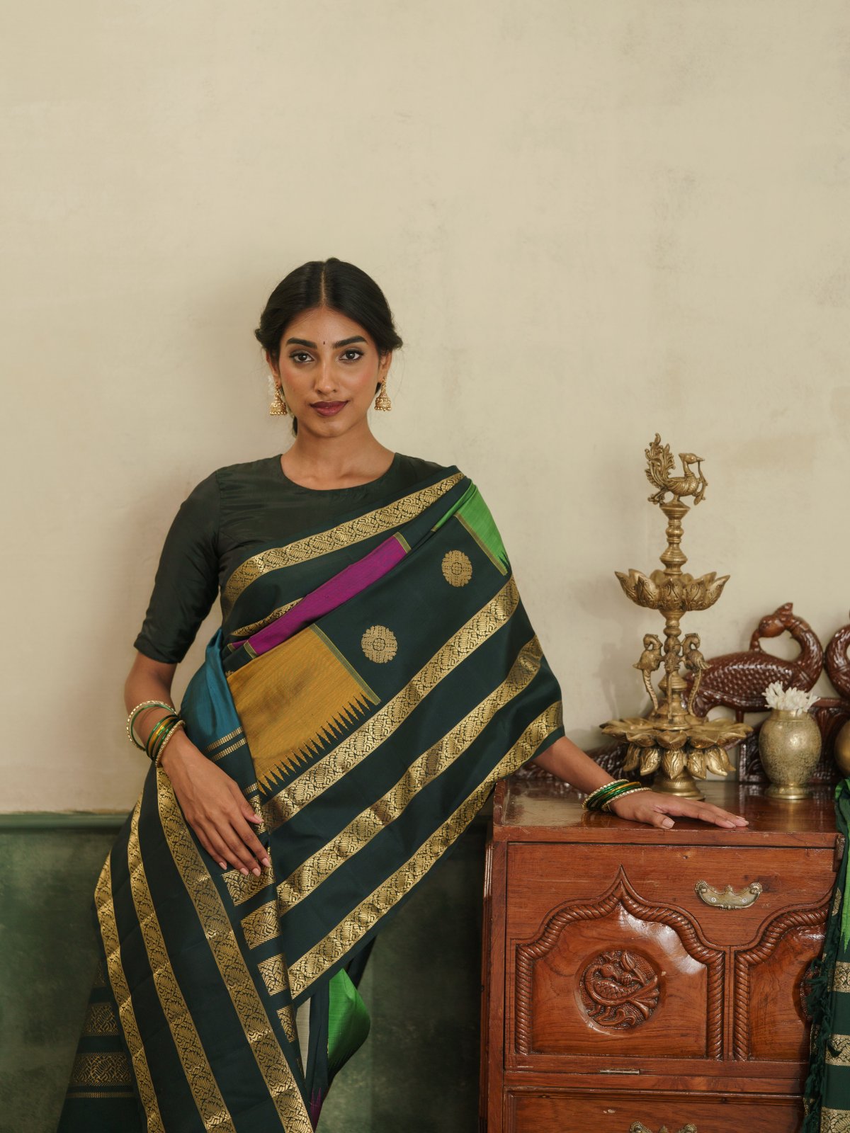 Vintage 109 - Multi Color Kanjeevaram Silk Saree With Dark Green Border