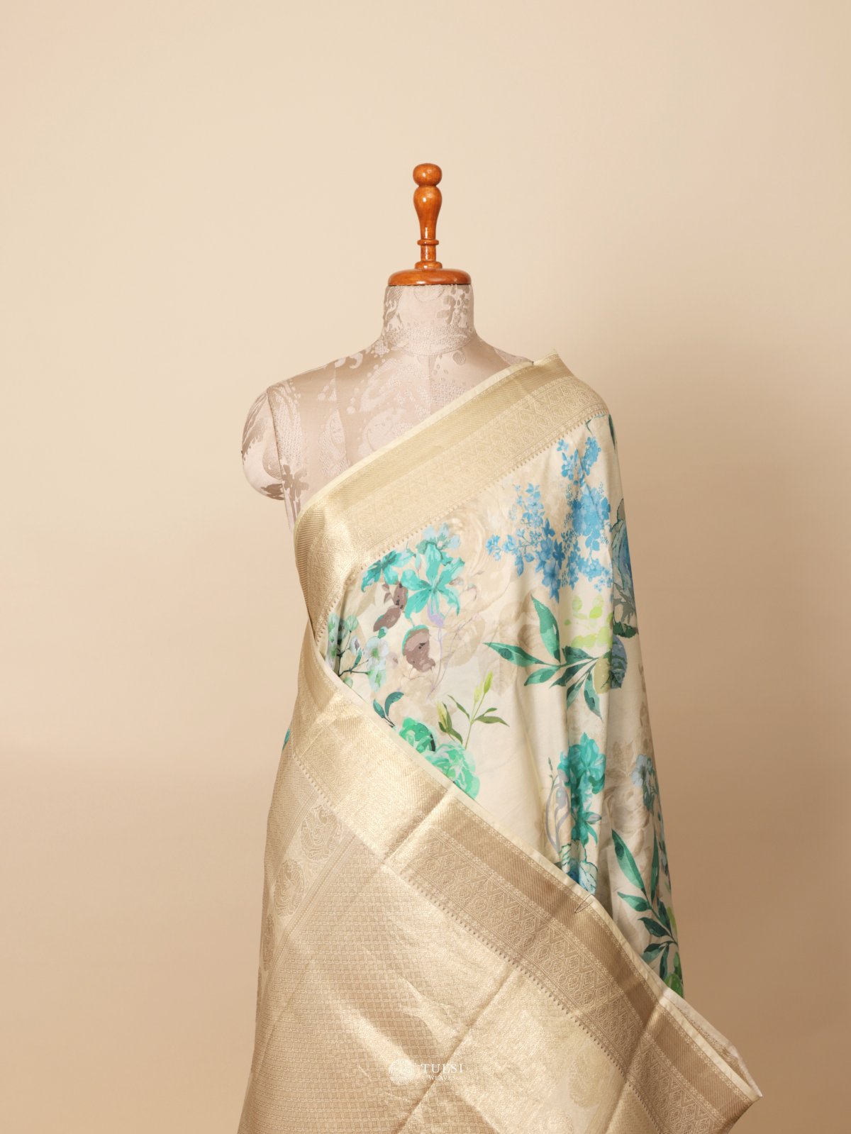 White Printed Kanjeevaram Silk Saree