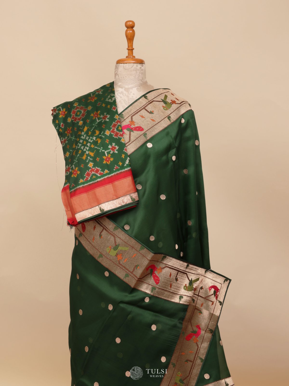 Emerald Green Organza Saree Paithani Border With Ikat Blouse