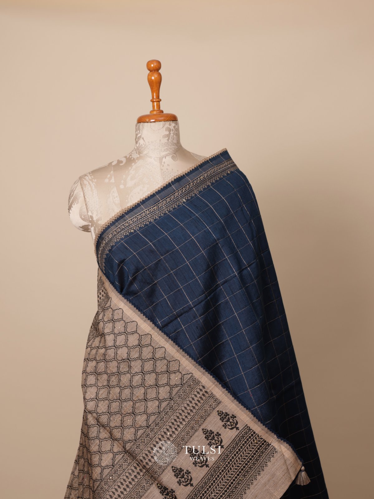 Dark Blue Tussar Embroidary Silk Saree