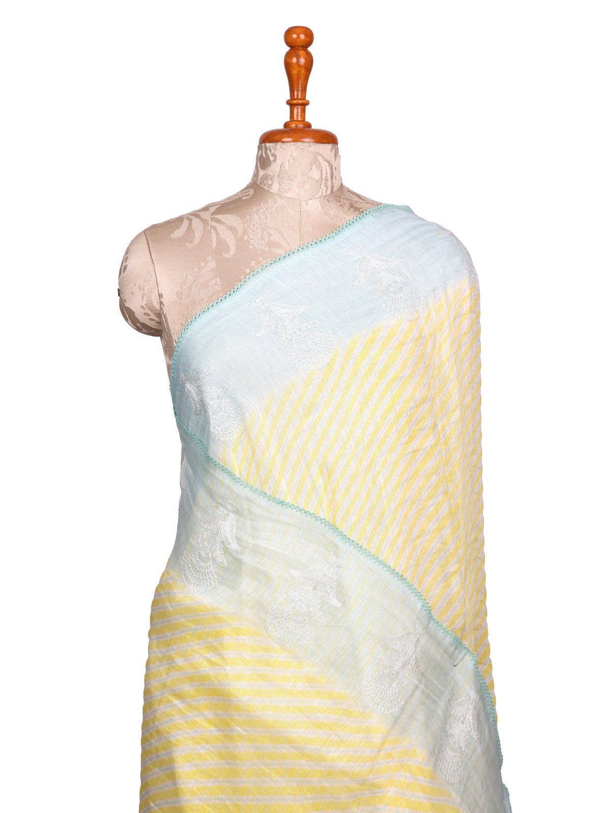 Yellow Striped Linen Saree with Pastel Blue Embroidered Border