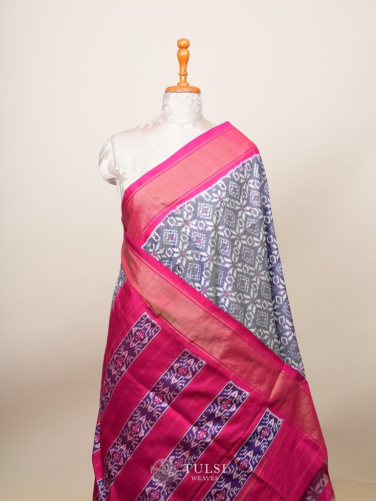 Greyish Blue Ikat Silk Saree 