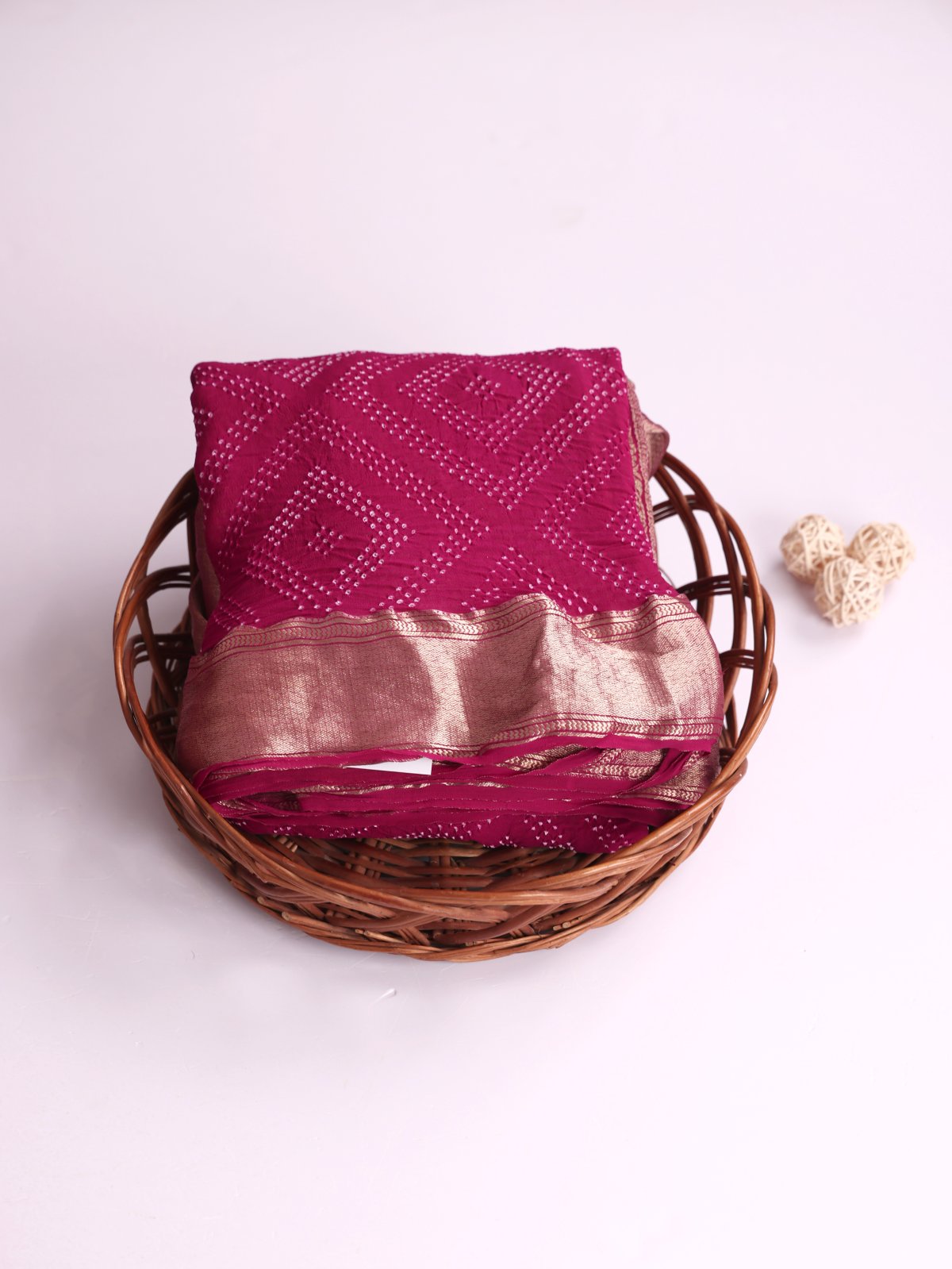 Dark Pink Bandhini Silk Saree With Zari Border