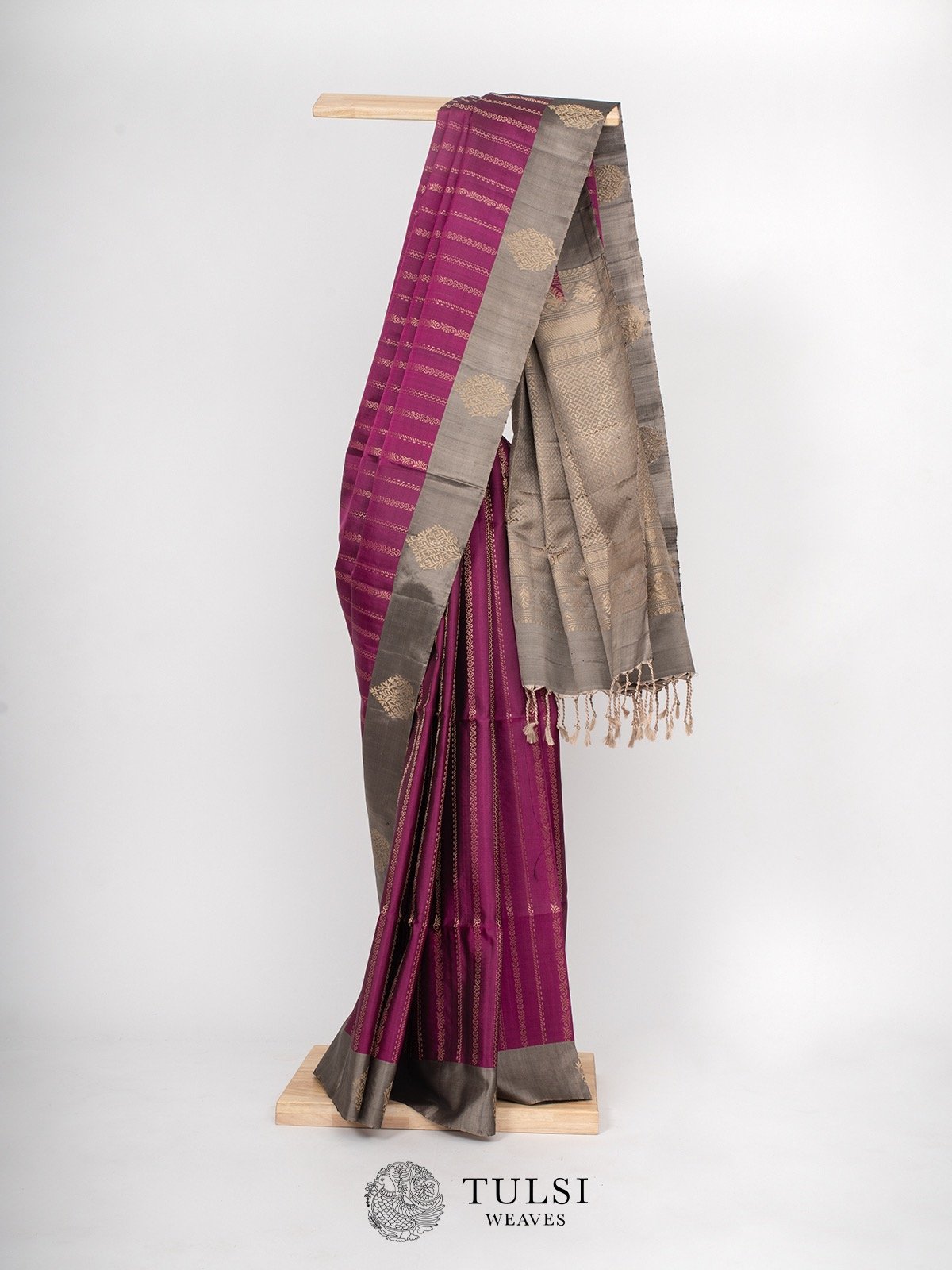 Purple Soft silk saree with Grey border