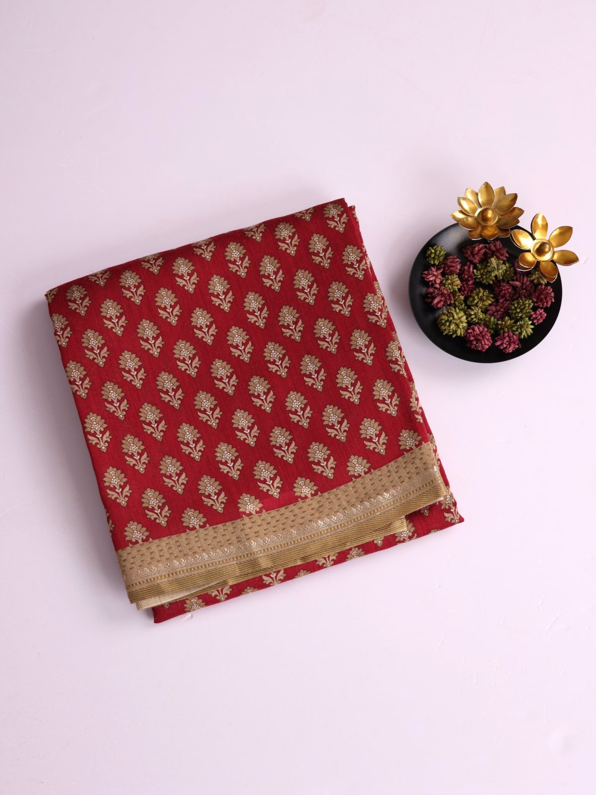 Maroon Printed Munga Tussar Silk Saree With Beige Kantha Embroidered Border