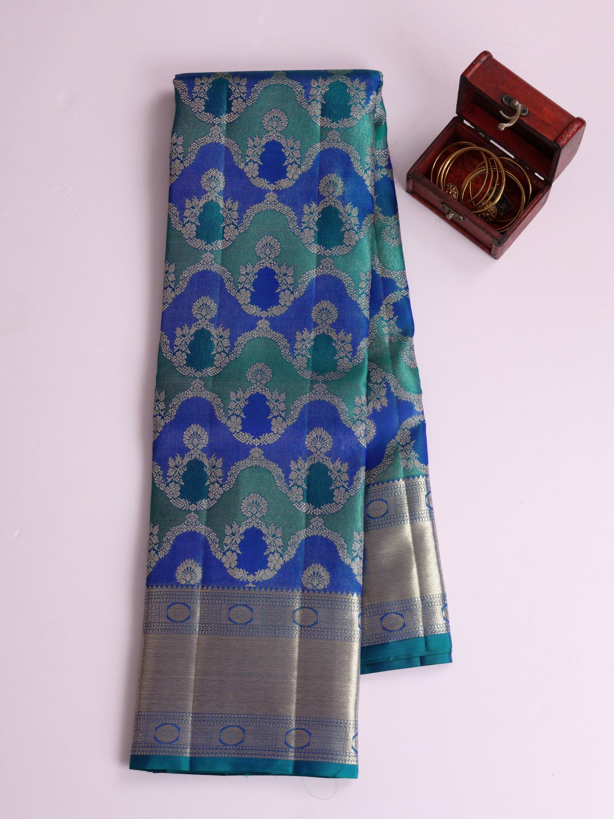 Blue And Green Brocade Kanjeevaram Silk Saree With Zari Border