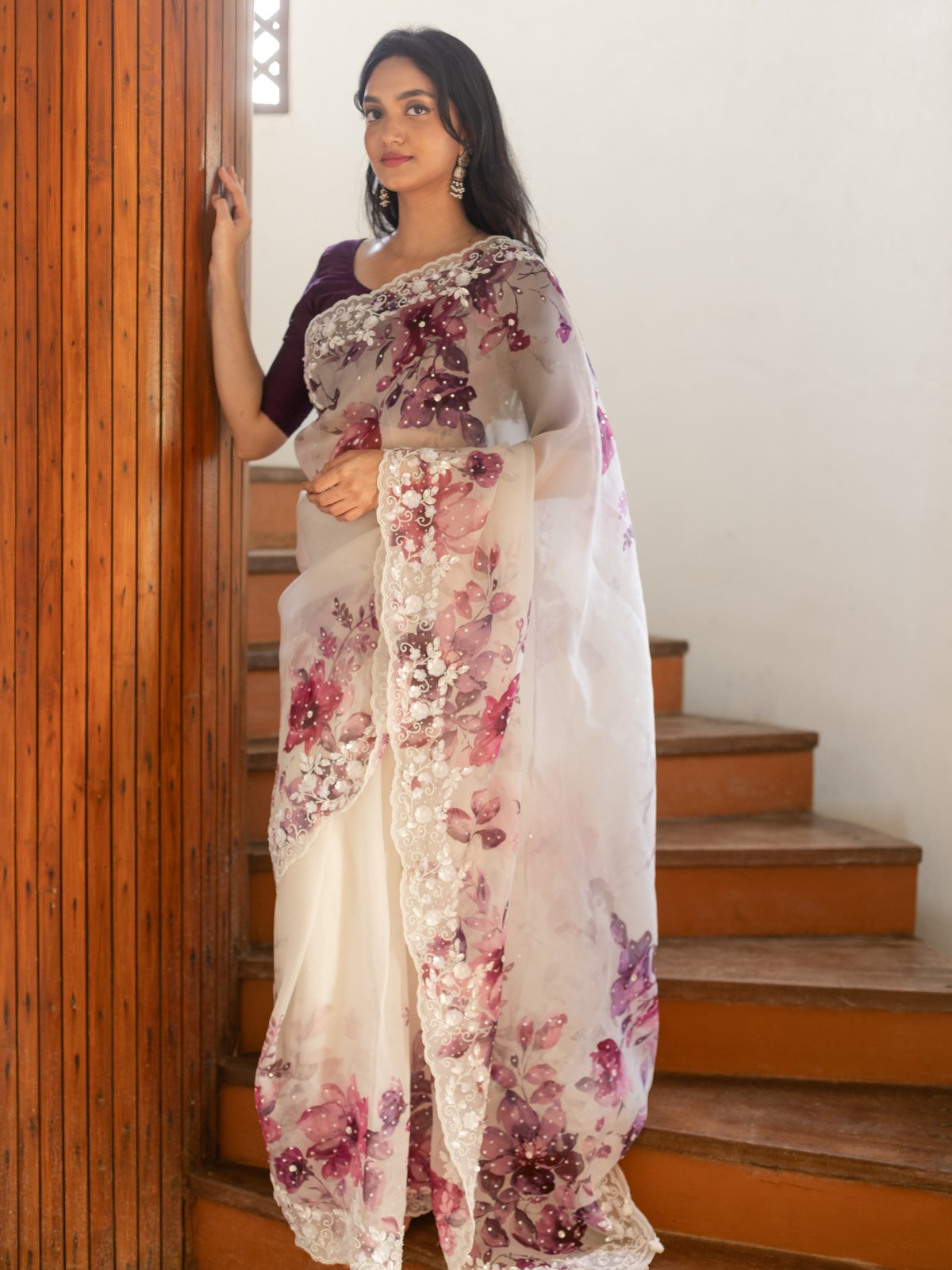 White Organza Saree With Floral Embroidery