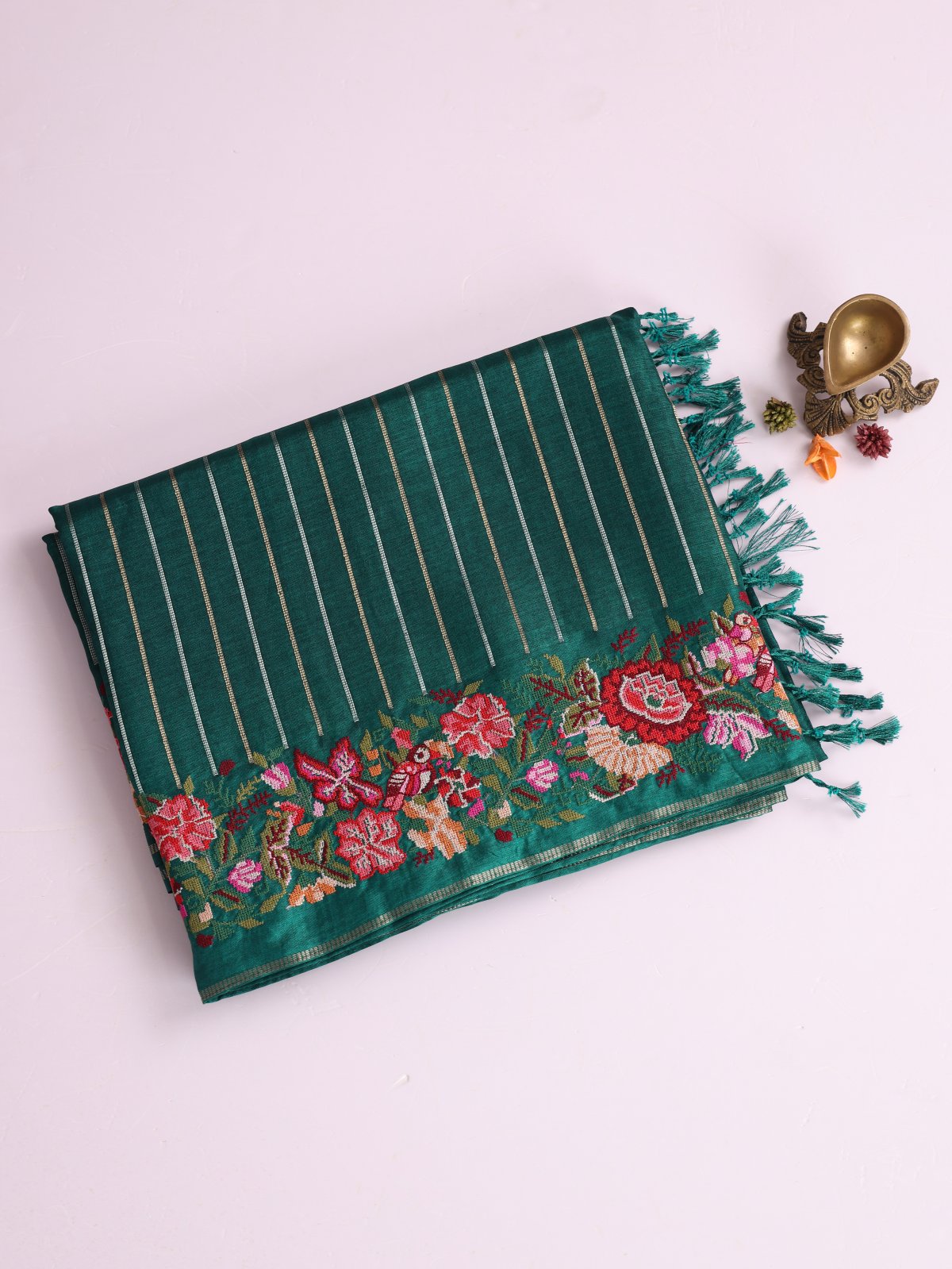 Peacock Green Zari Striped Semi Tussar Silk Saree With Cross-Stitch Embroidery
