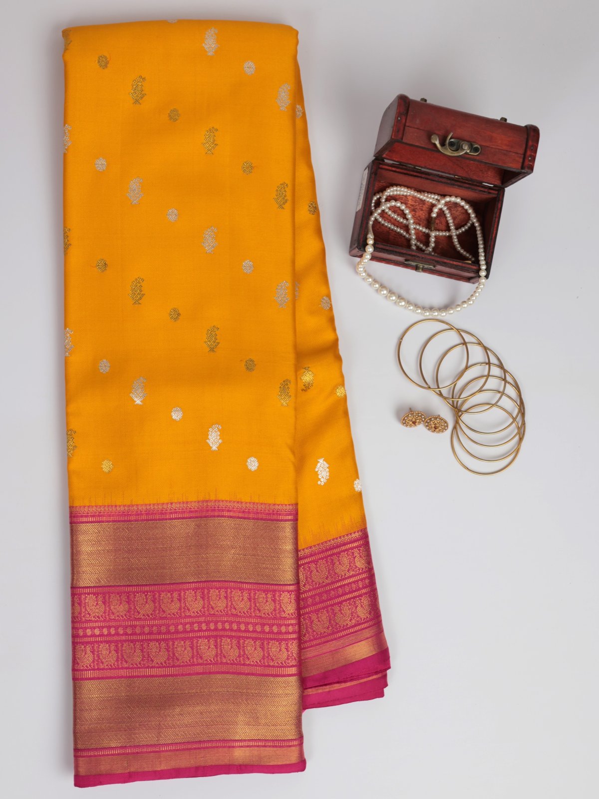 Mustard Kanjeevaram Twill Saree With Rani Pink Border