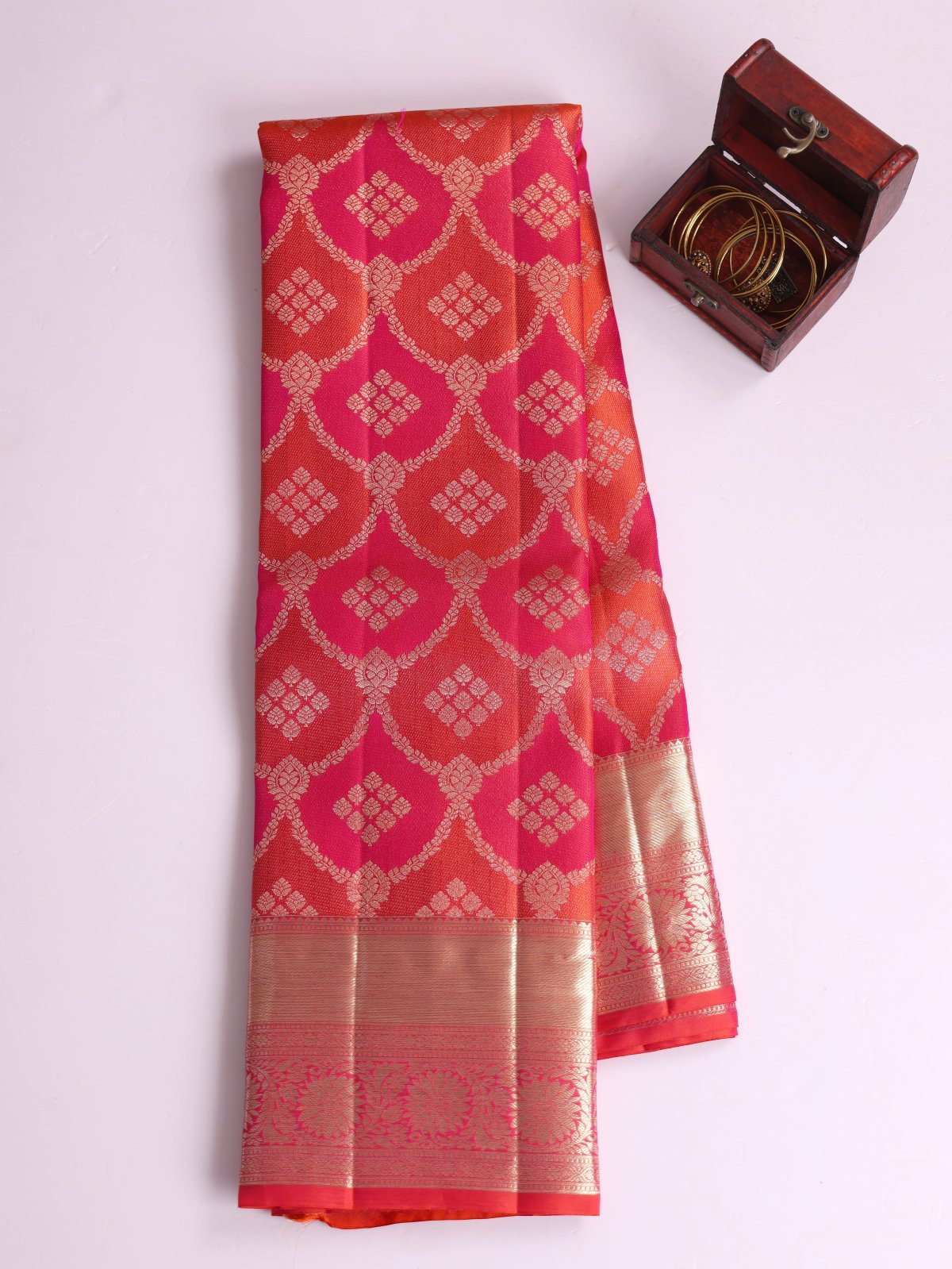 Orange And Pink Brocade Kanjeevaram Silk Saree With Zari Border