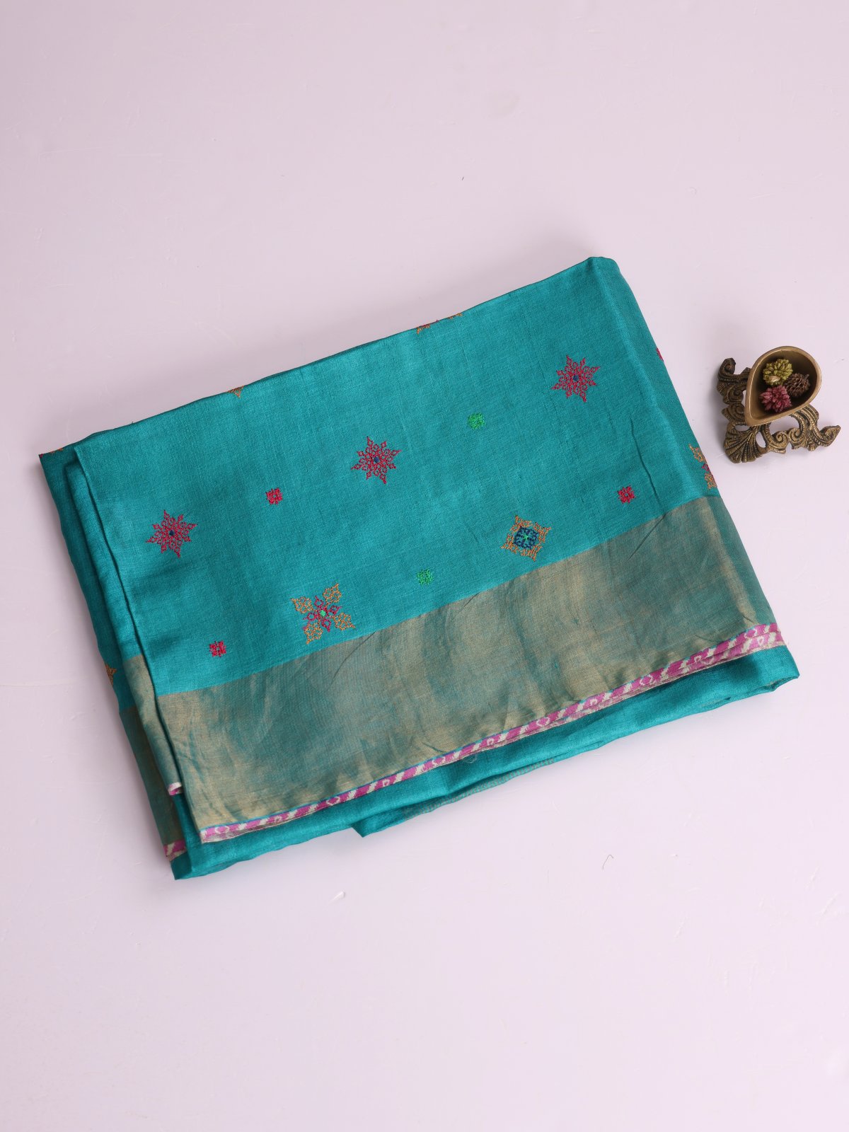 Aqua Blue Embroidered Tussar Silk Saree With Zari Border