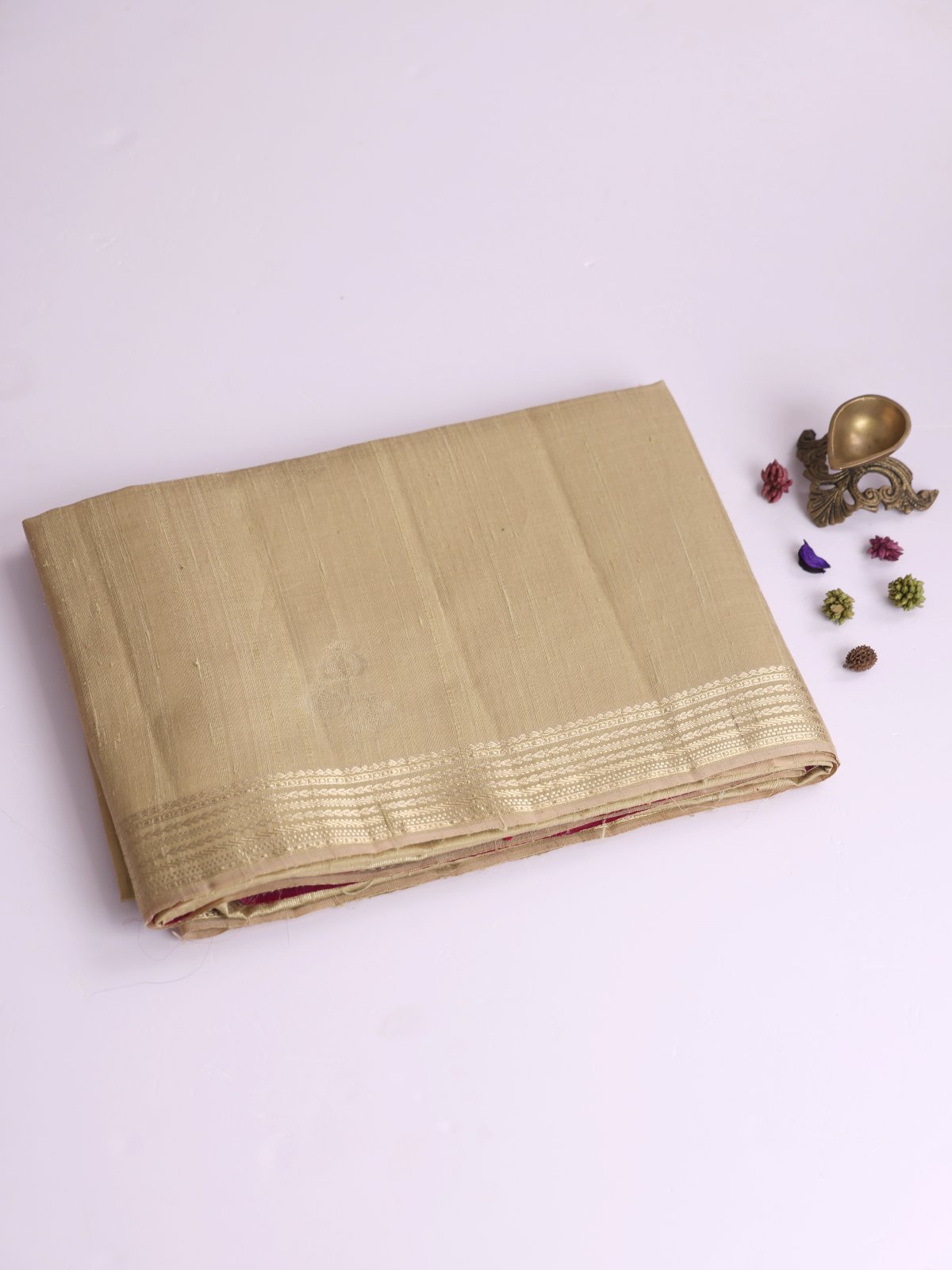 Khaki Raw Silk Saree With Zari Border