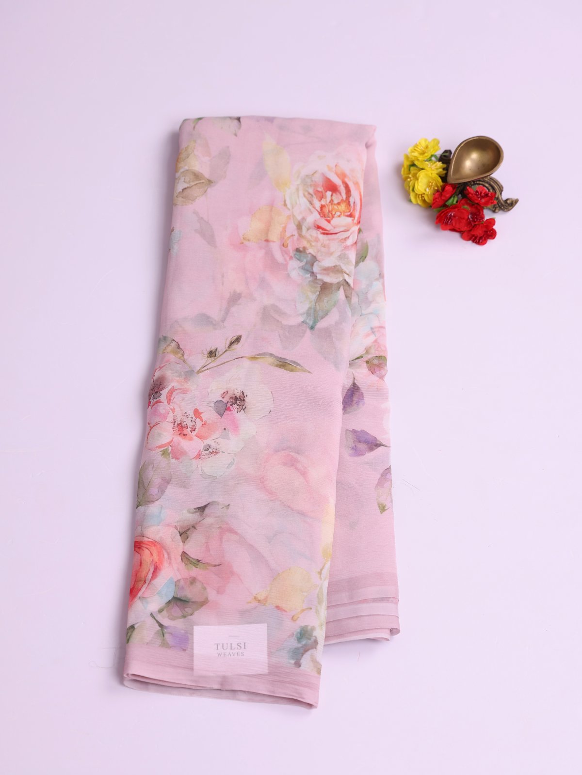 Light Pink Floral Printed Chiffon Saree 