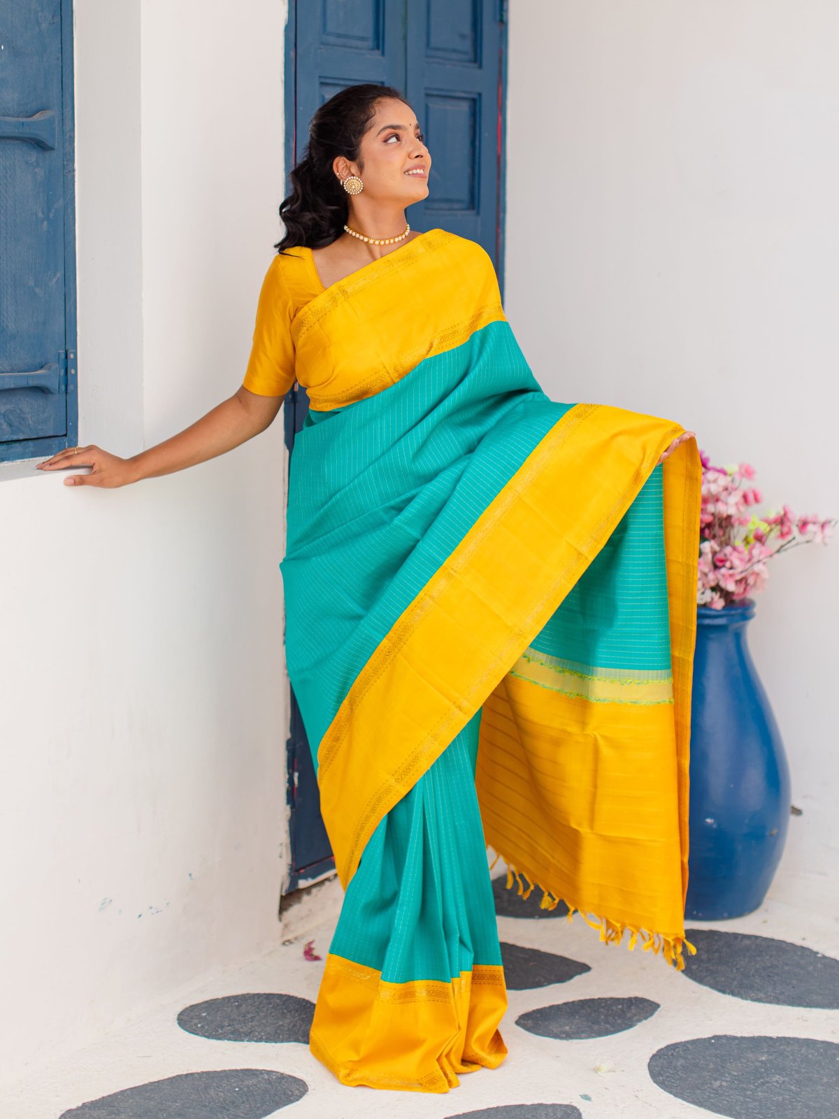 Checked Blue Kanjeevaram Silk Saree With Yellow Border