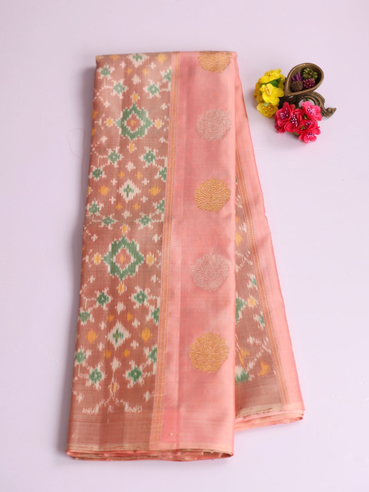 Peachy Pink Kanjeevaram Ikat Silk Saree