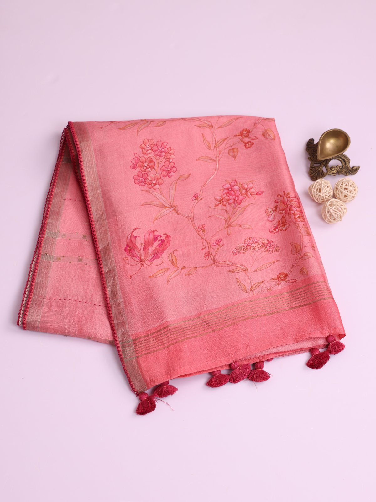 Pink Kora Tussar Silk Saree