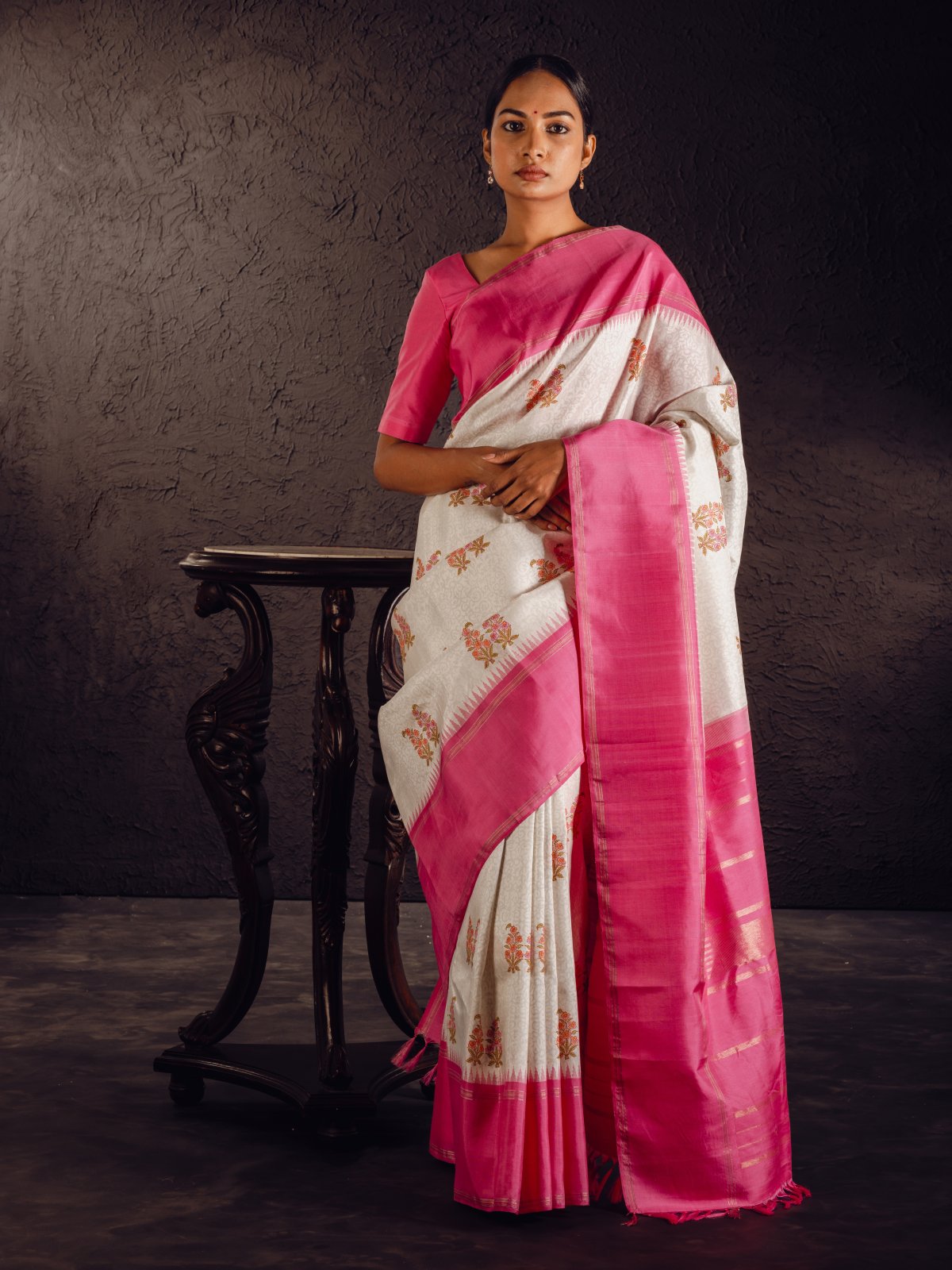Floral Blockprint Kanjeevaram Silk Saree With Pink Zari Border	