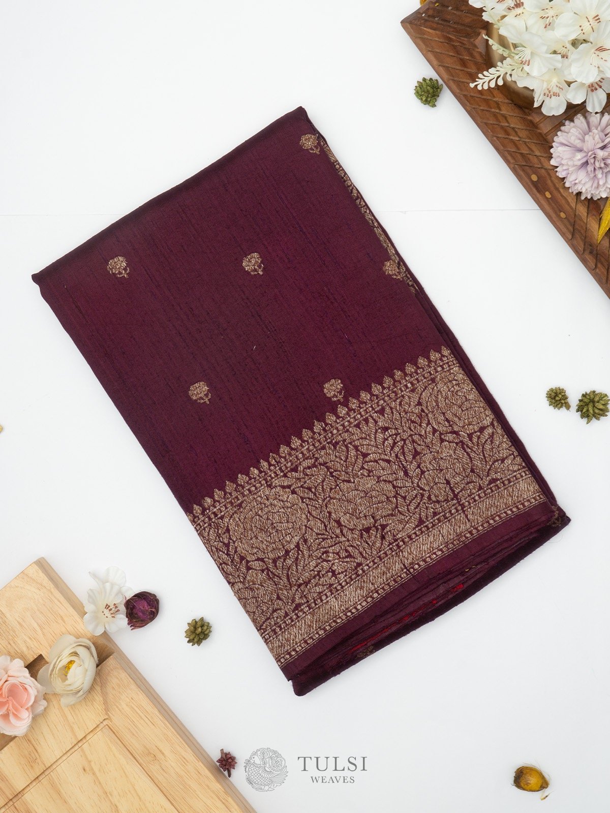 Wine Banarasi Tussar Silk Saree