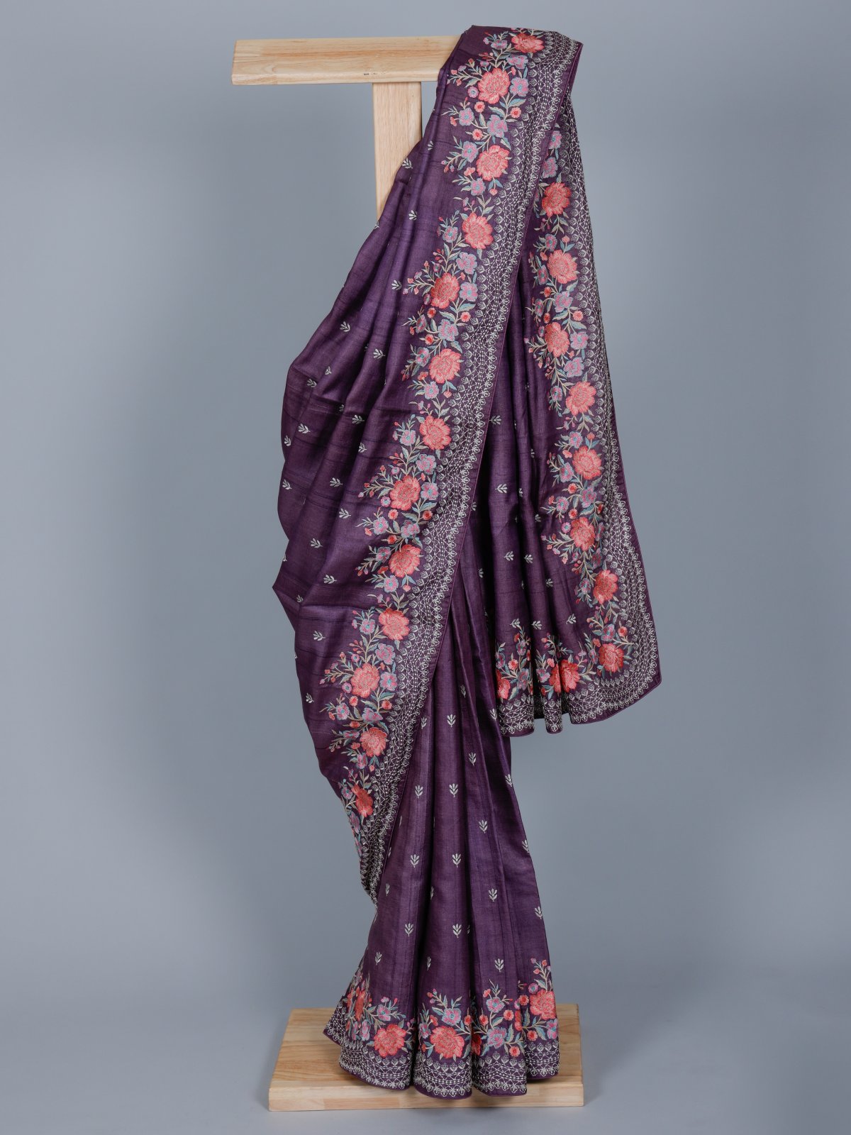 Pastel Purple Tussar Silk Saree with Floral Embroidery Border