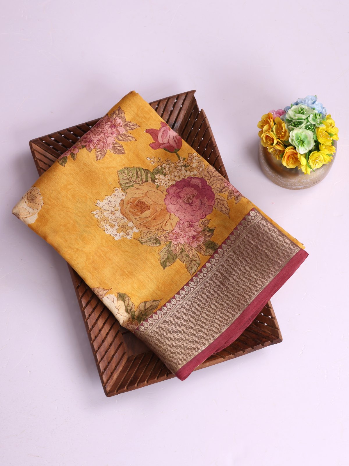 Mustard Yellow Printed Chaniya Silk Saree With Zari Border