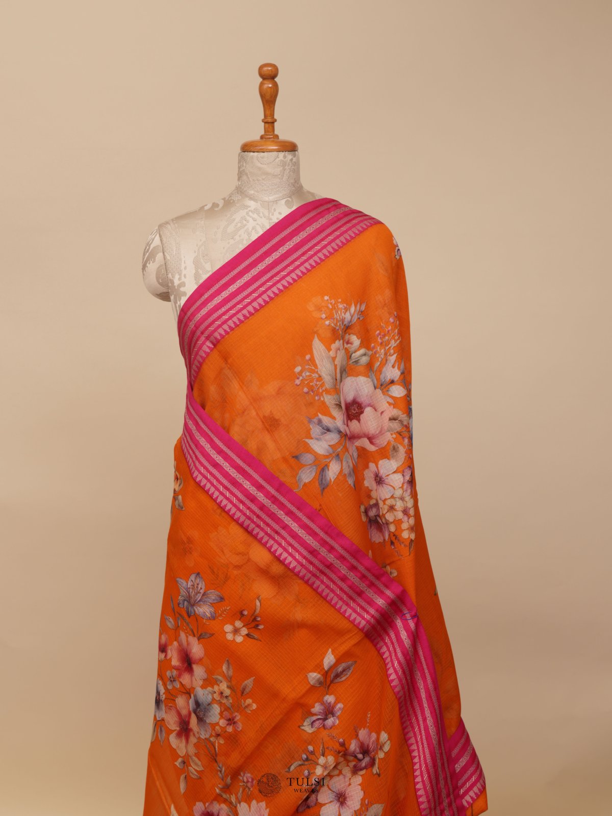 Orange Semi Kota Saree With Pink Border