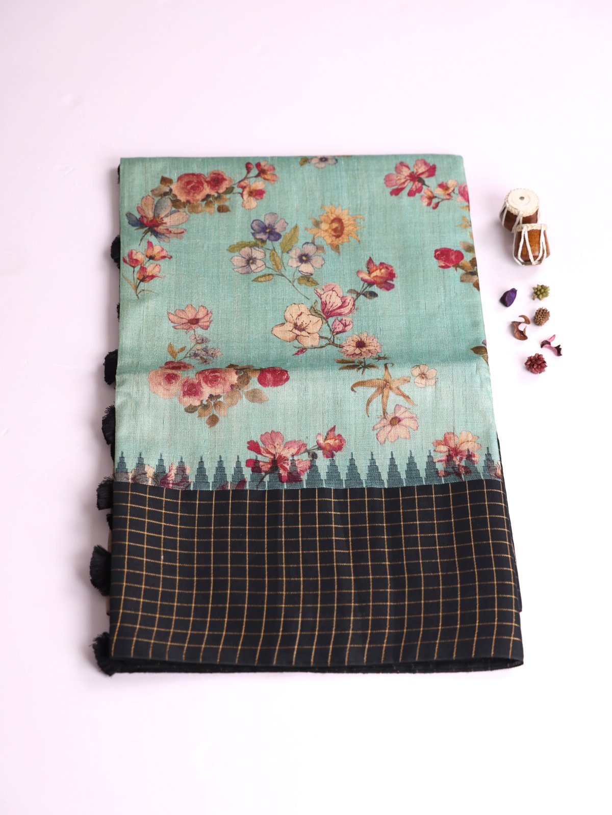 Greenish Blue Printed Tussar Silk Saree With Black Zari Checked Border
