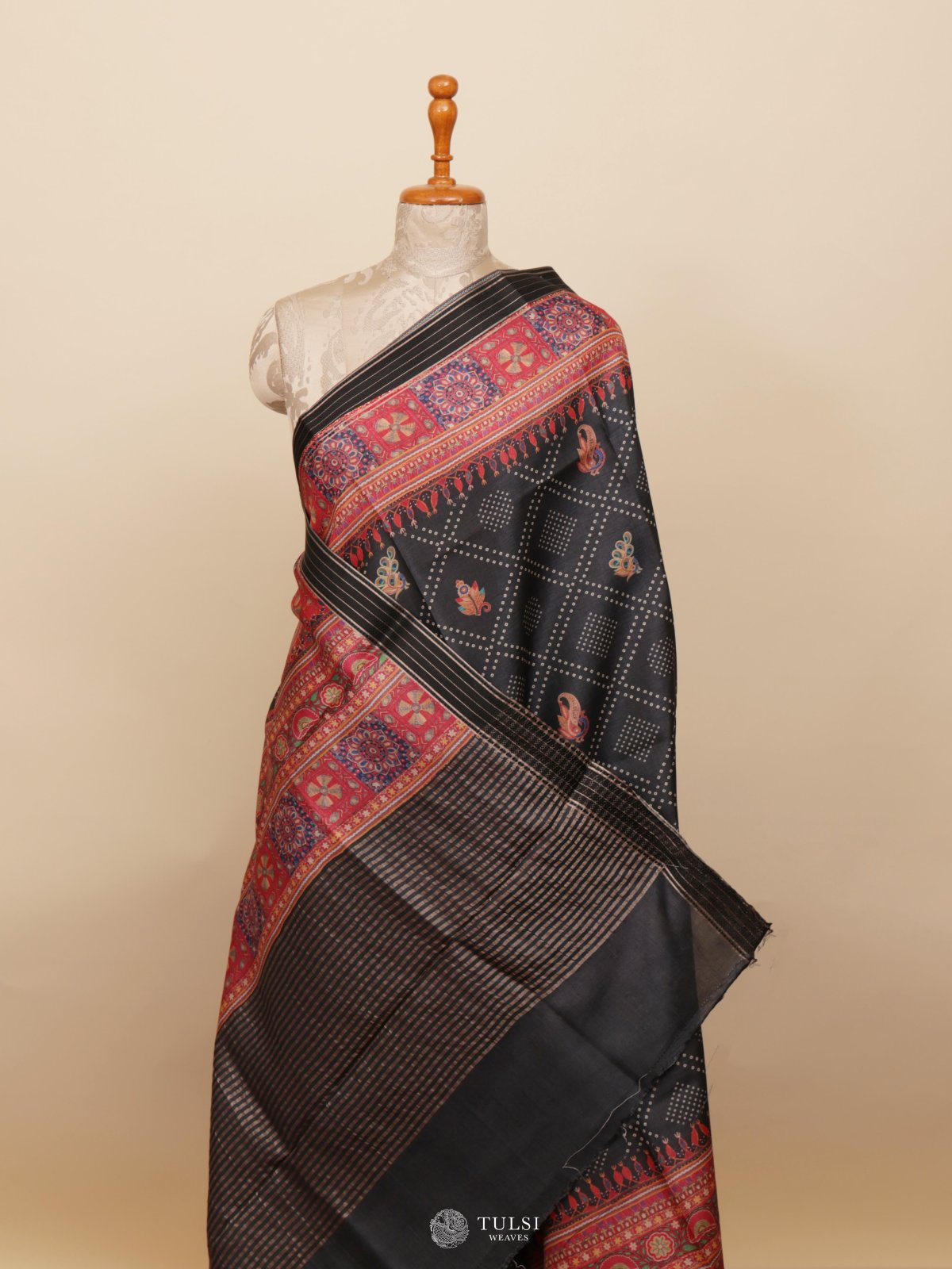 Dark Grey Printed Tussar Silk Saree