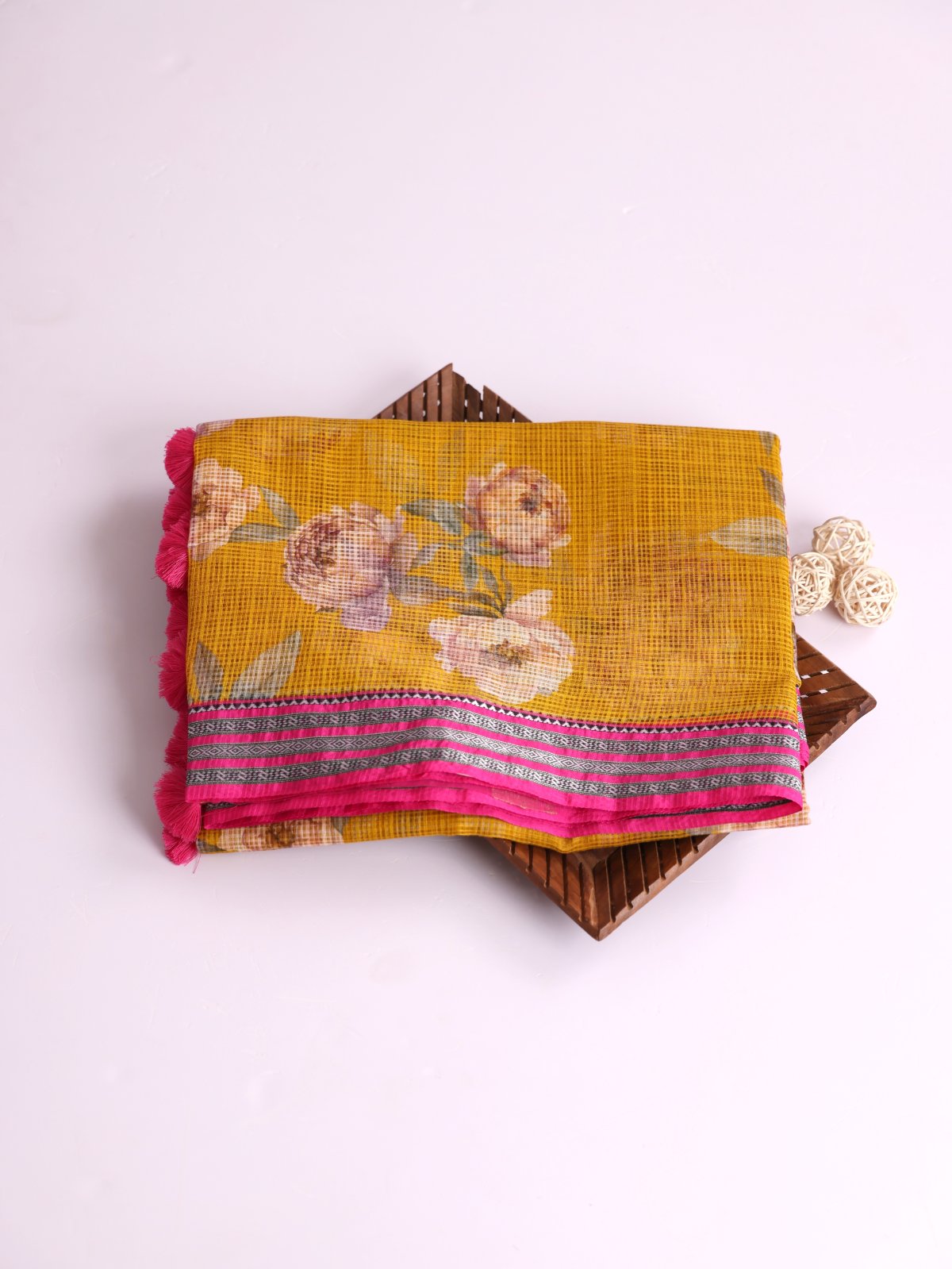 Mustard Yellow Printed Kota Cotton Saree With Magenta Pink Vidarbha Border
