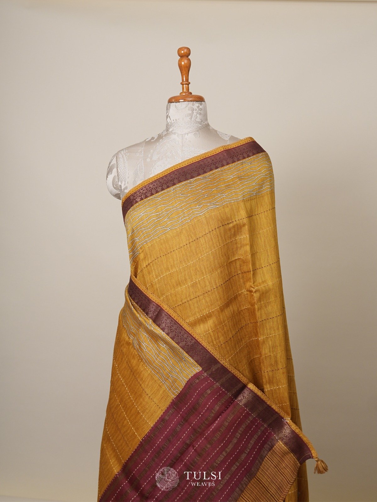 Mustard Printed Tussar Silk Saree